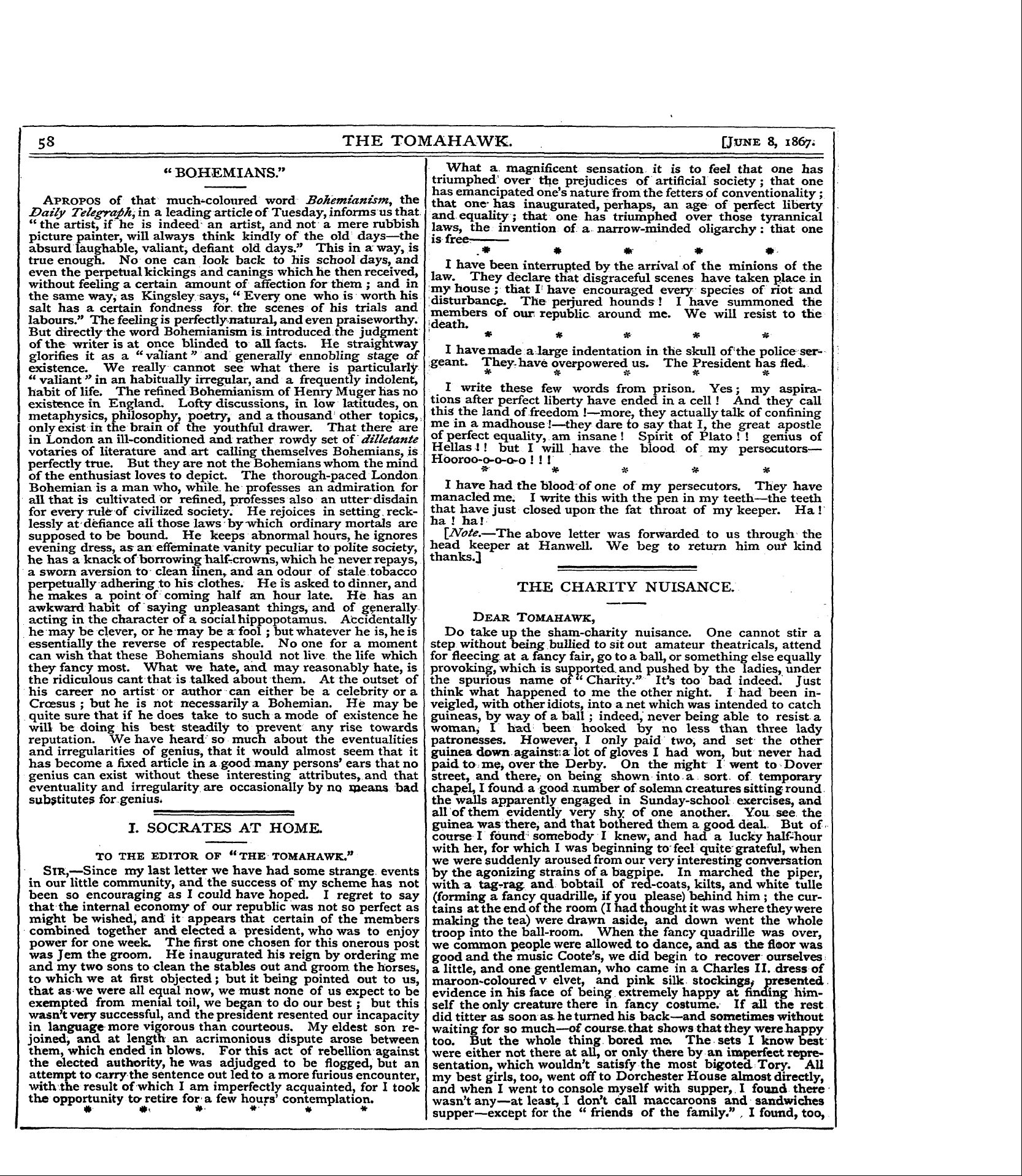 Tomahawk (1867-1870): jS F Y, 1st edition - "Bohemians."