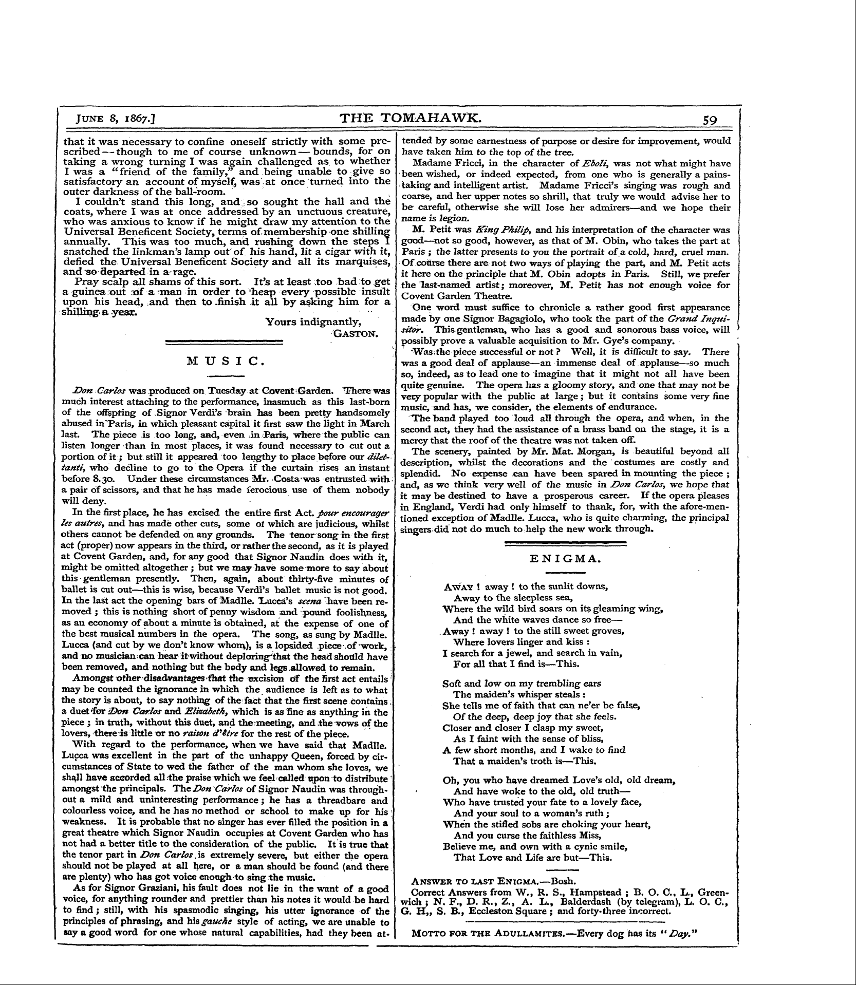 Tomahawk (1867-1870): jS F Y, 1st edition - Music.