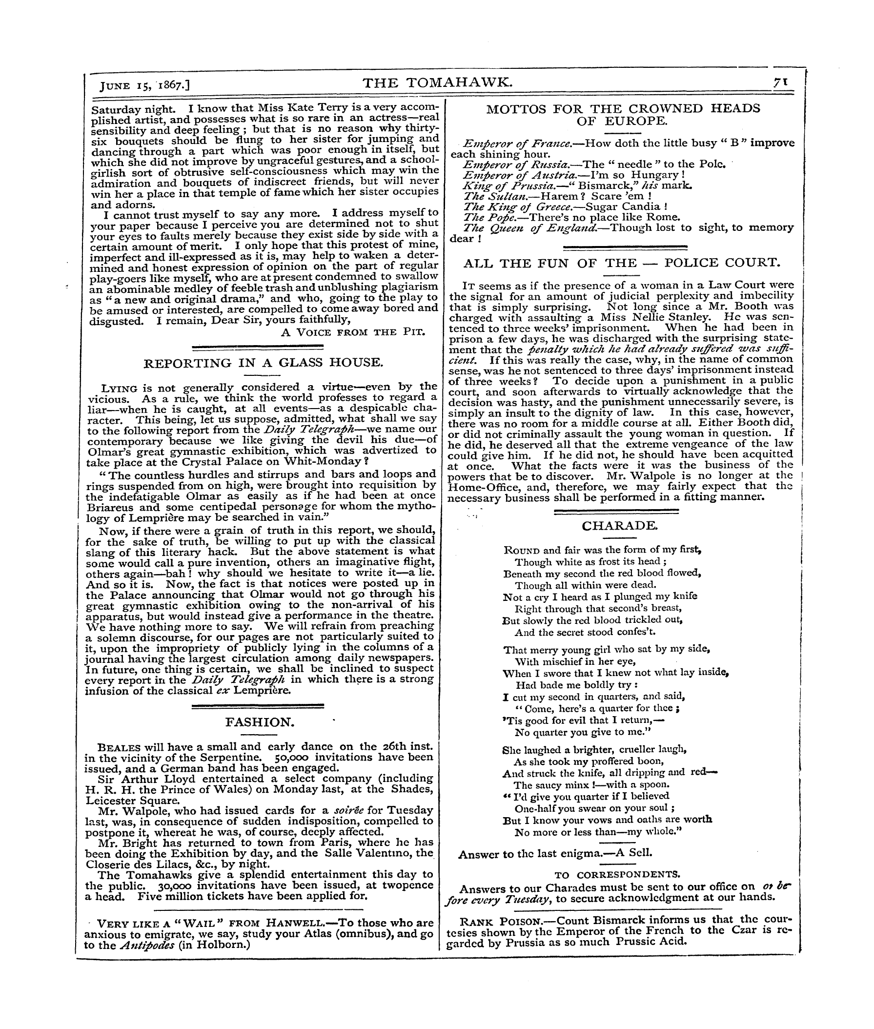 Tomahawk (1867-1870): jS F Y, 1st edition - June 151867.] The Tomahawk. . 71 ,