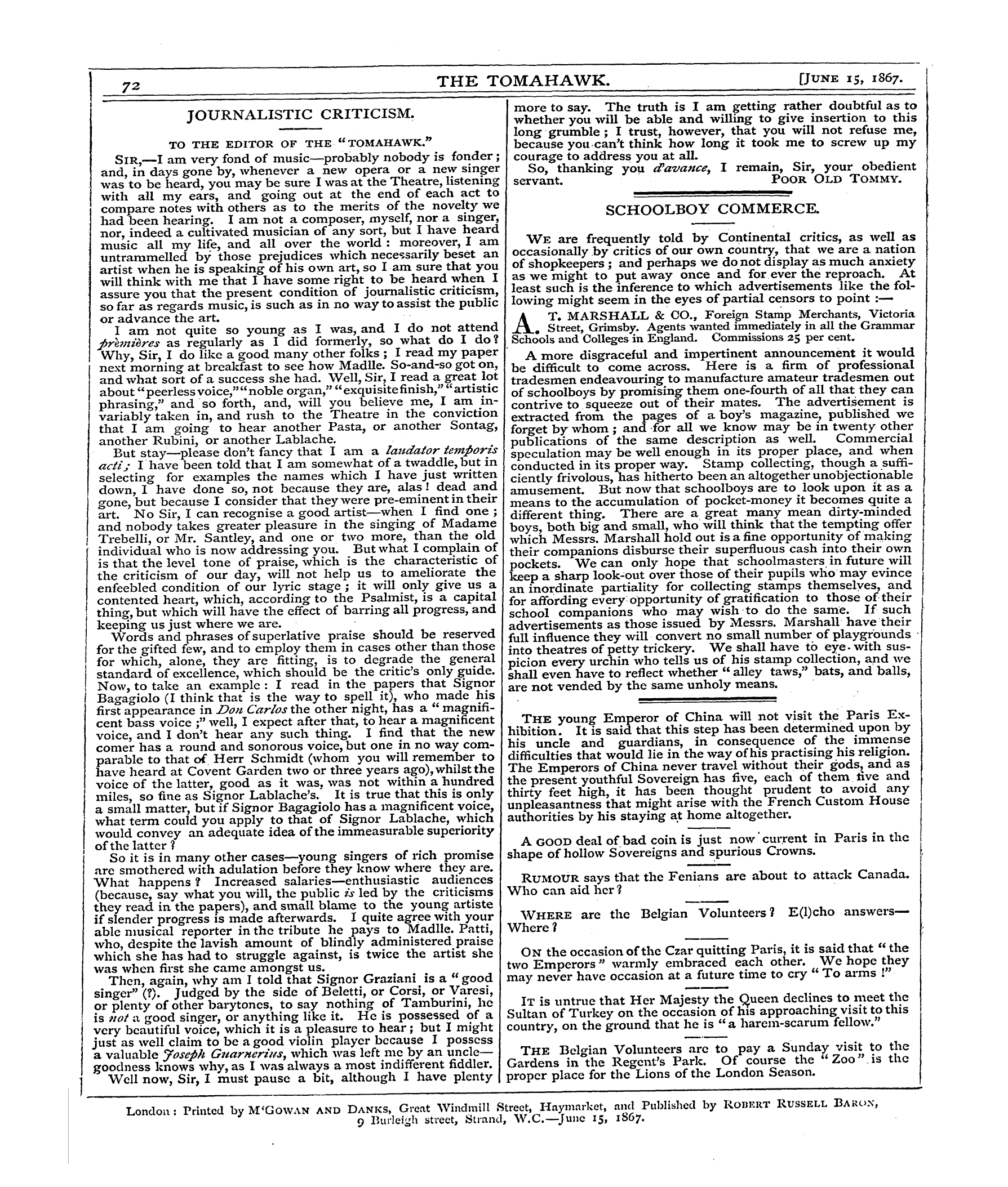 Tomahawk (1867-1870): jS F Y, 1st edition - To The Editor Of The "Tomahawk." And Sir...