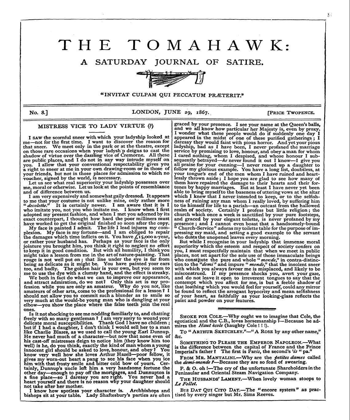 Tomahawk (1867-1870): jS F Y, 1st edition - The Tomahawk: A Saturday Journal Of Sati...