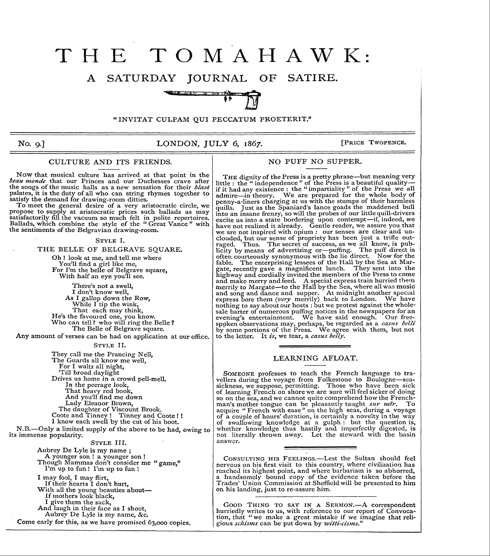 Tomahawk (1867-1870): jS F Y, 1st edition - The Tomahawk: A Saturday Journal Of Sati...