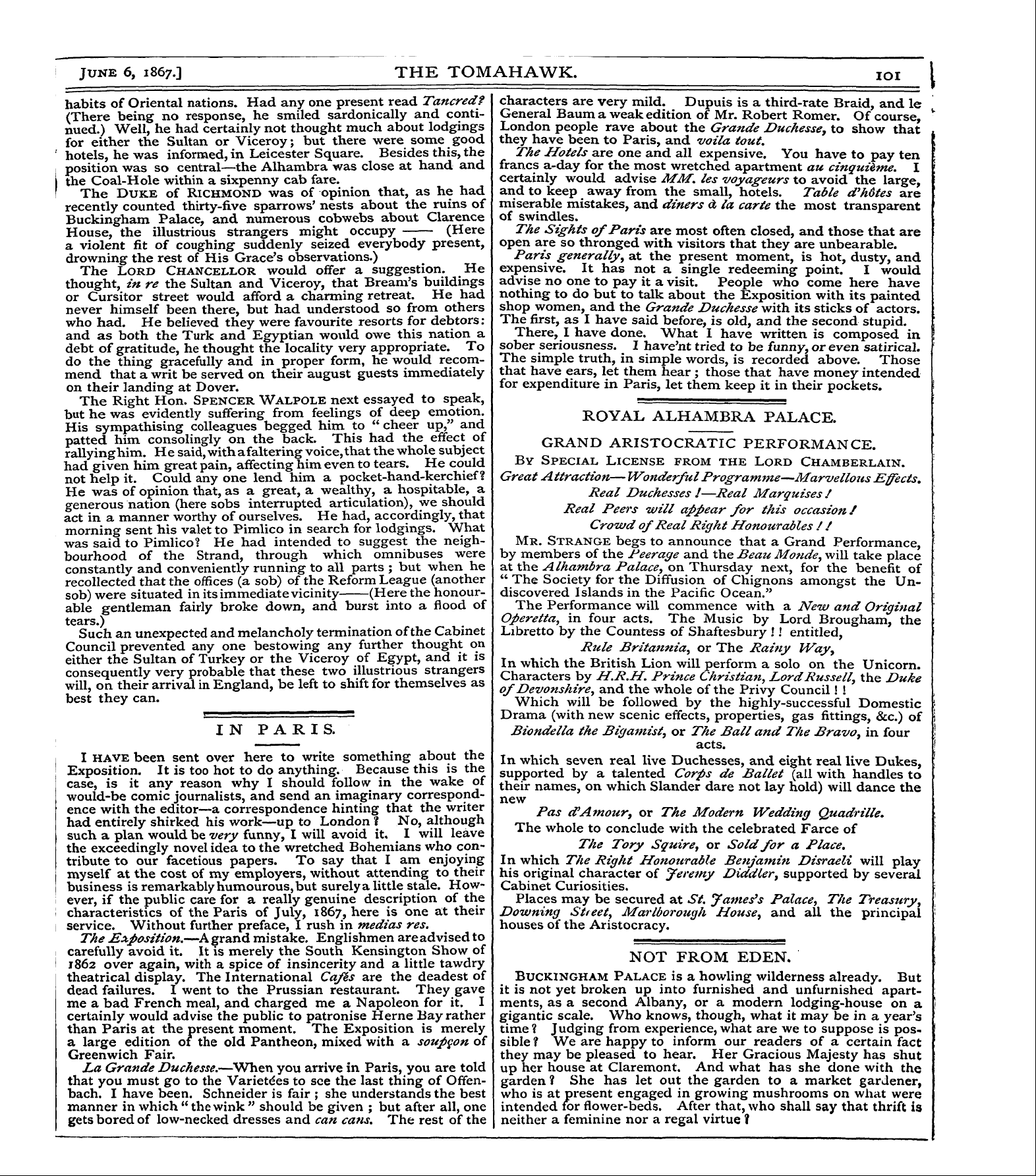 Tomahawk (1867-1870): jS F Y, 1st edition - June 6, 1867.] The Tomahawk. Ioi I