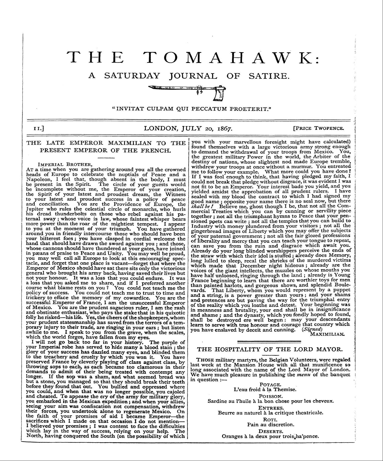 Tomahawk (1867-1870): jS F Y, 1st edition - The Late Emperor Maximilian To The Present Emperor Of The French.