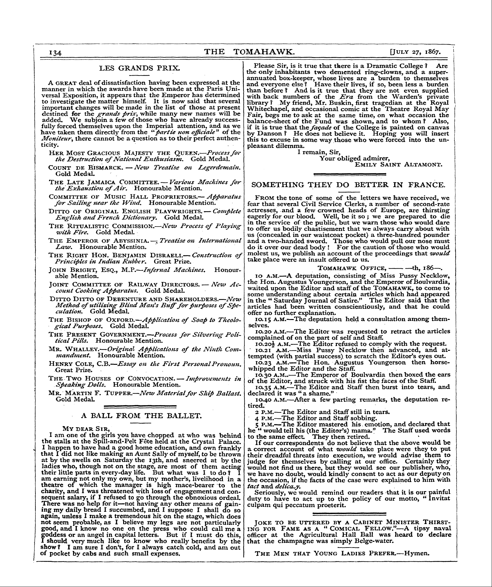 Tomahawk (1867-1870): jS F Y, 1st edition - 134 The Tomahawk. [July 27, 1867. J