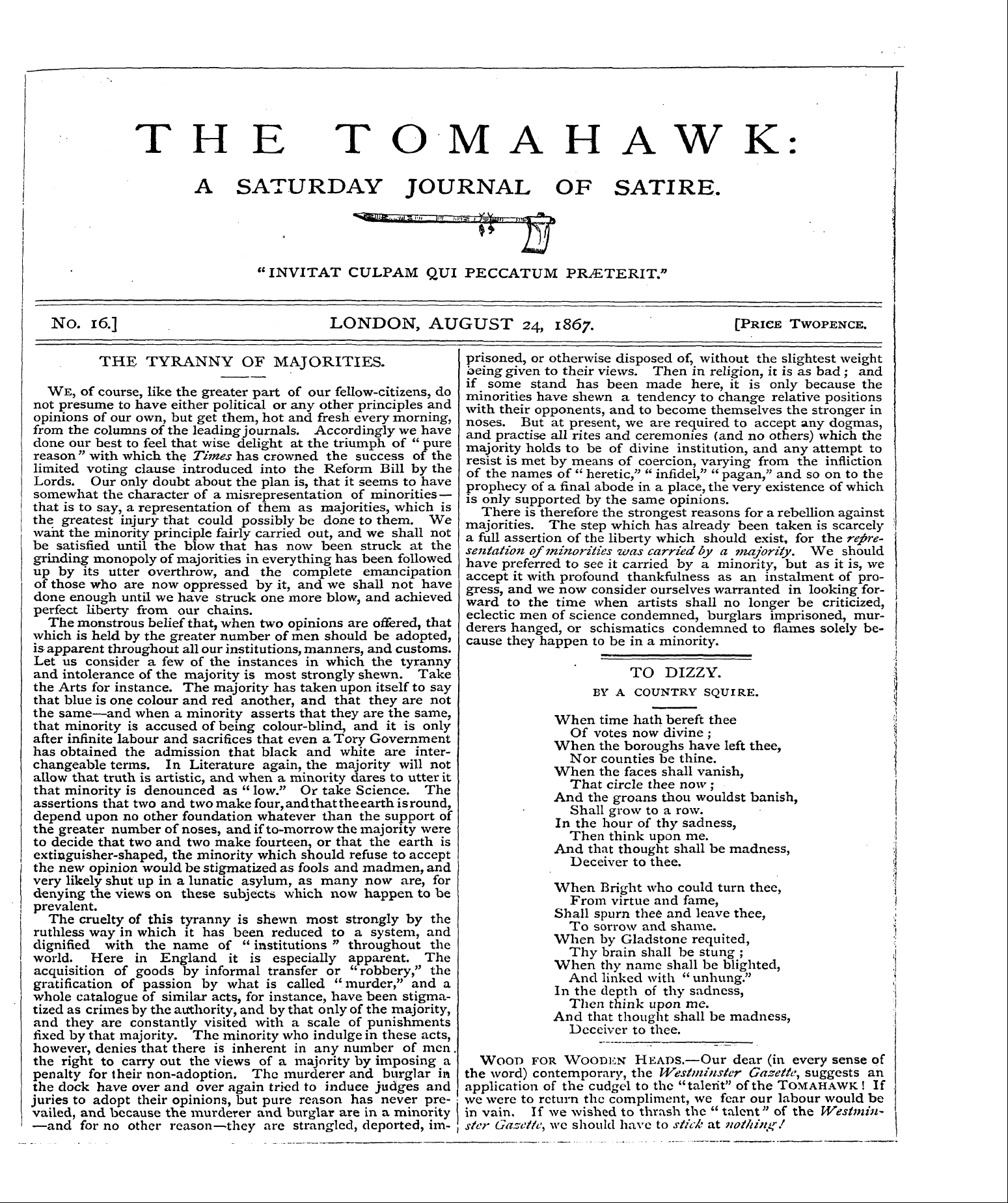 Tomahawk (1867-1870): jS F Y, 1st edition - The Tyranny Of Majorities.