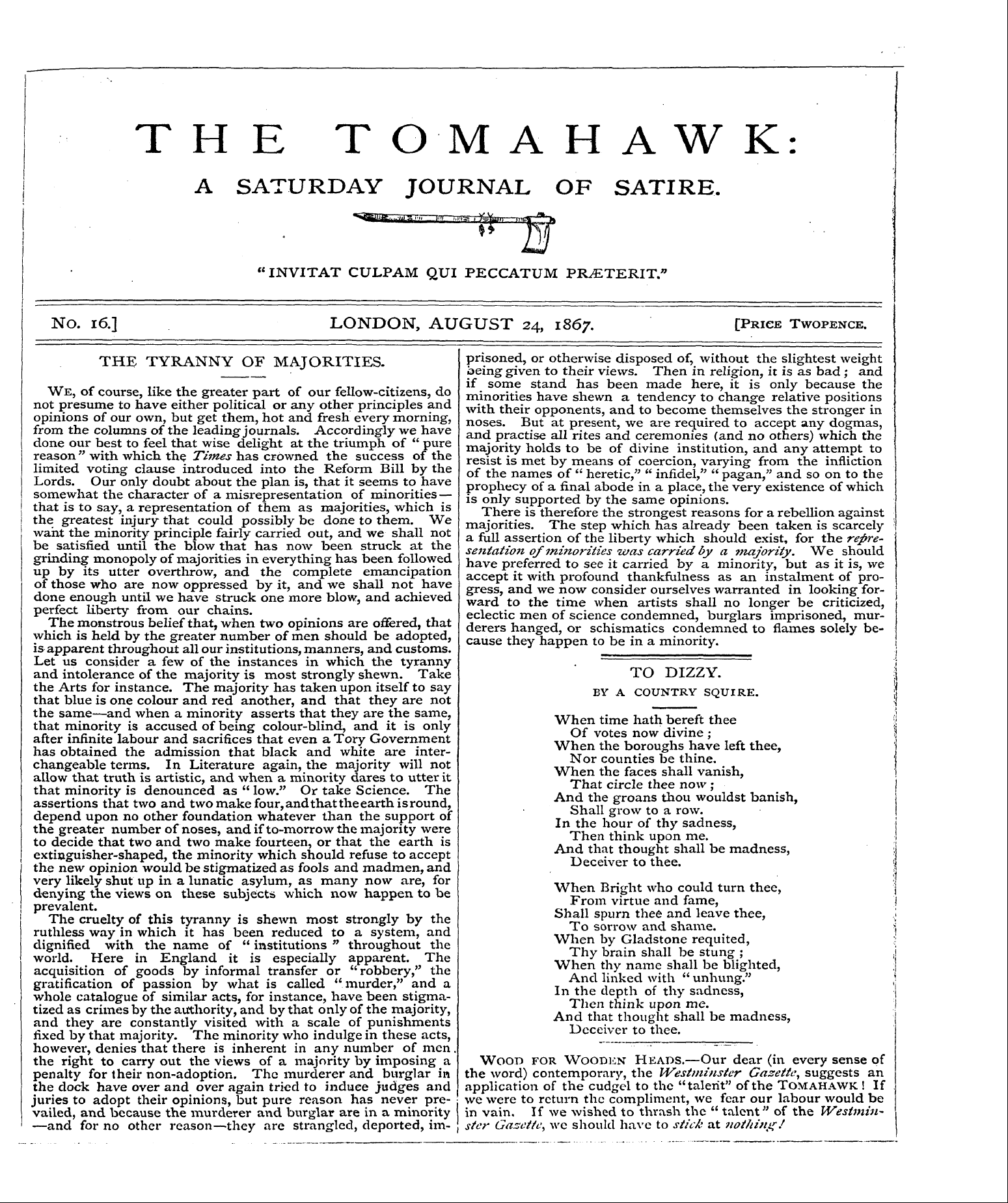 Tomahawk (1867-1870): jS F Y, 1st edition - T ;^_ , _ . No. 16.] London, August 24, ...