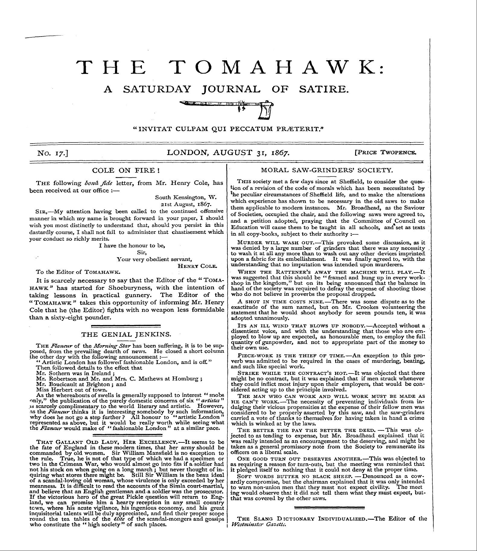 Tomahawk (1867-1870): jS F Y, 1st edition - The Following Bond, Jide Letter, From Mr...