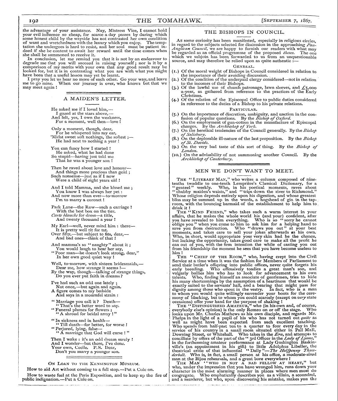 Tomahawk (1867-1870): jS F Y, 1st edition - A Maiden's Letter.