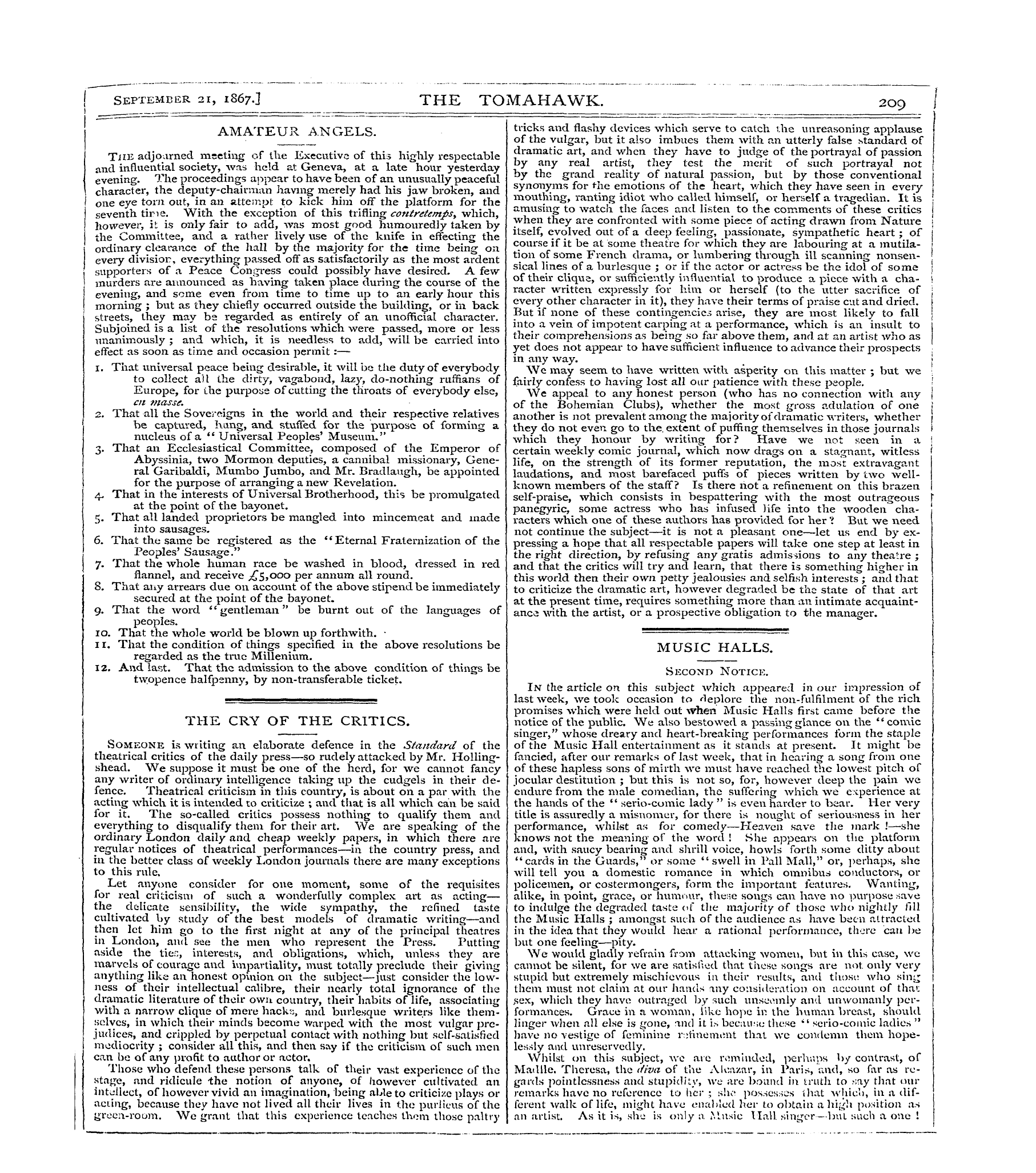 Tomahawk (1867-1870): jS F Y, 1st edition - The Cry Of The Critics.