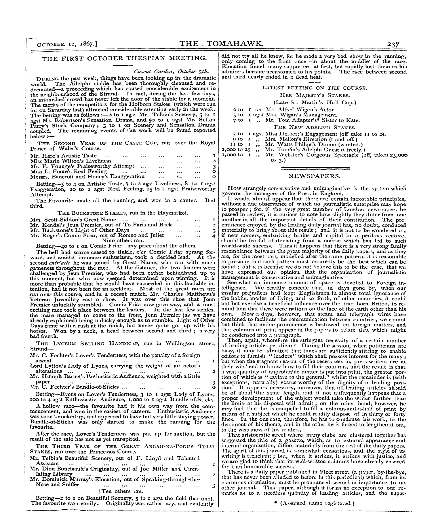 Tomahawk (1867-1870): jS F Y, 1st edition - October 12, 1867.] The , Tomahawk. 237