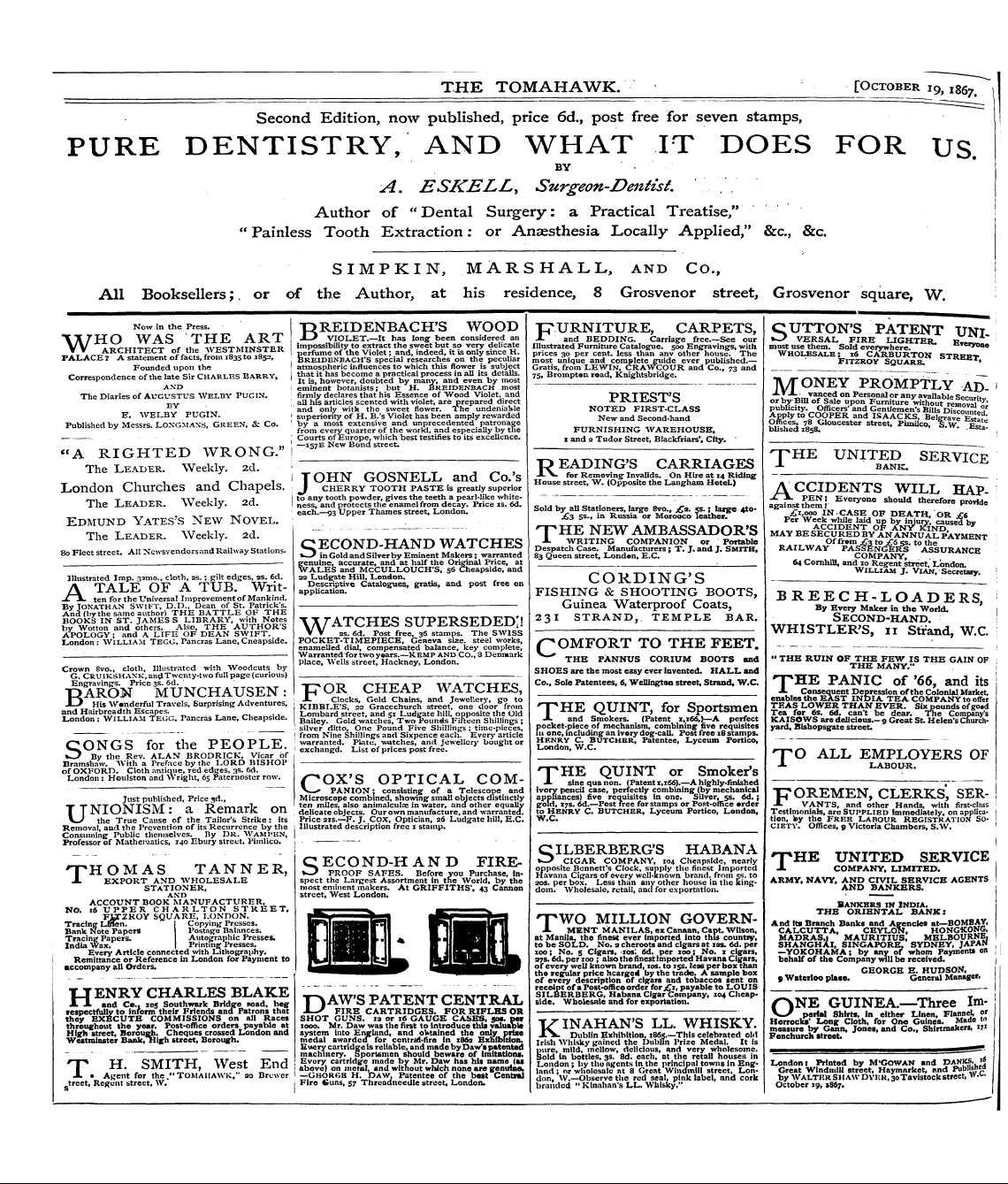 Tomahawk (1867-1870): jS F Y, 1st edition - Ad01026