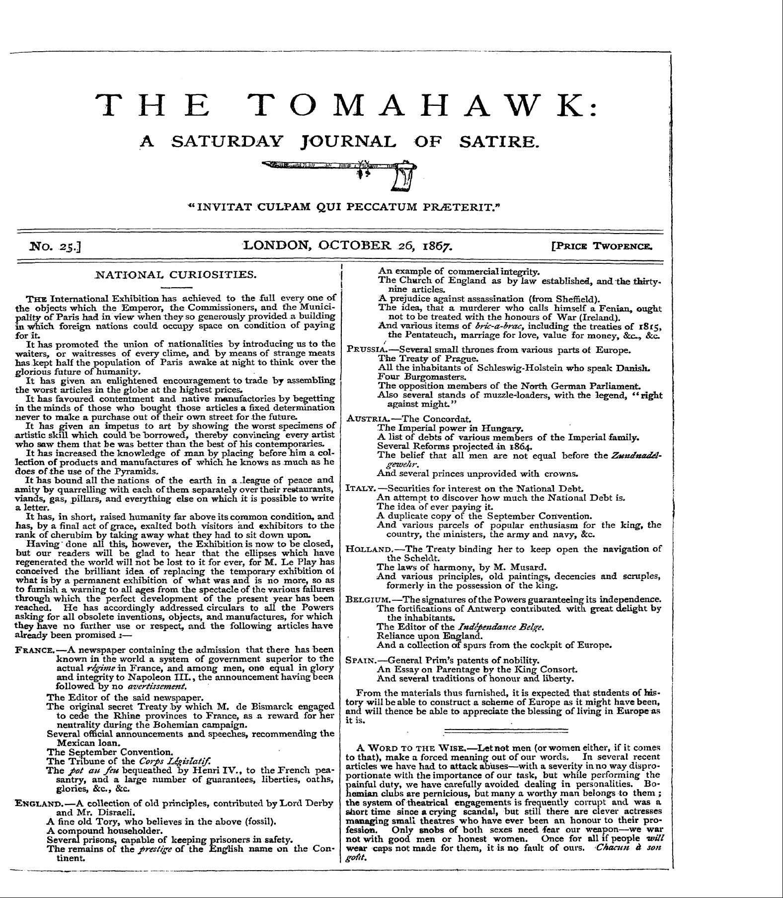 Tomahawk (1867-1870): jS F Y, 1st edition: 1