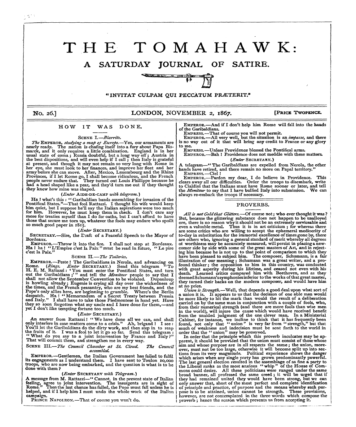 Tomahawk (1867-1870): jS F Y, 1st edition - No. 26.] London, November 2, 1867. [Pric...