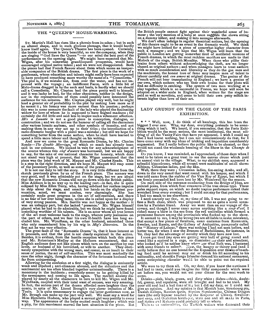 Tomahawk (1867-1870): jS F Y, 1st edition - The "Queen's" House-Warming.