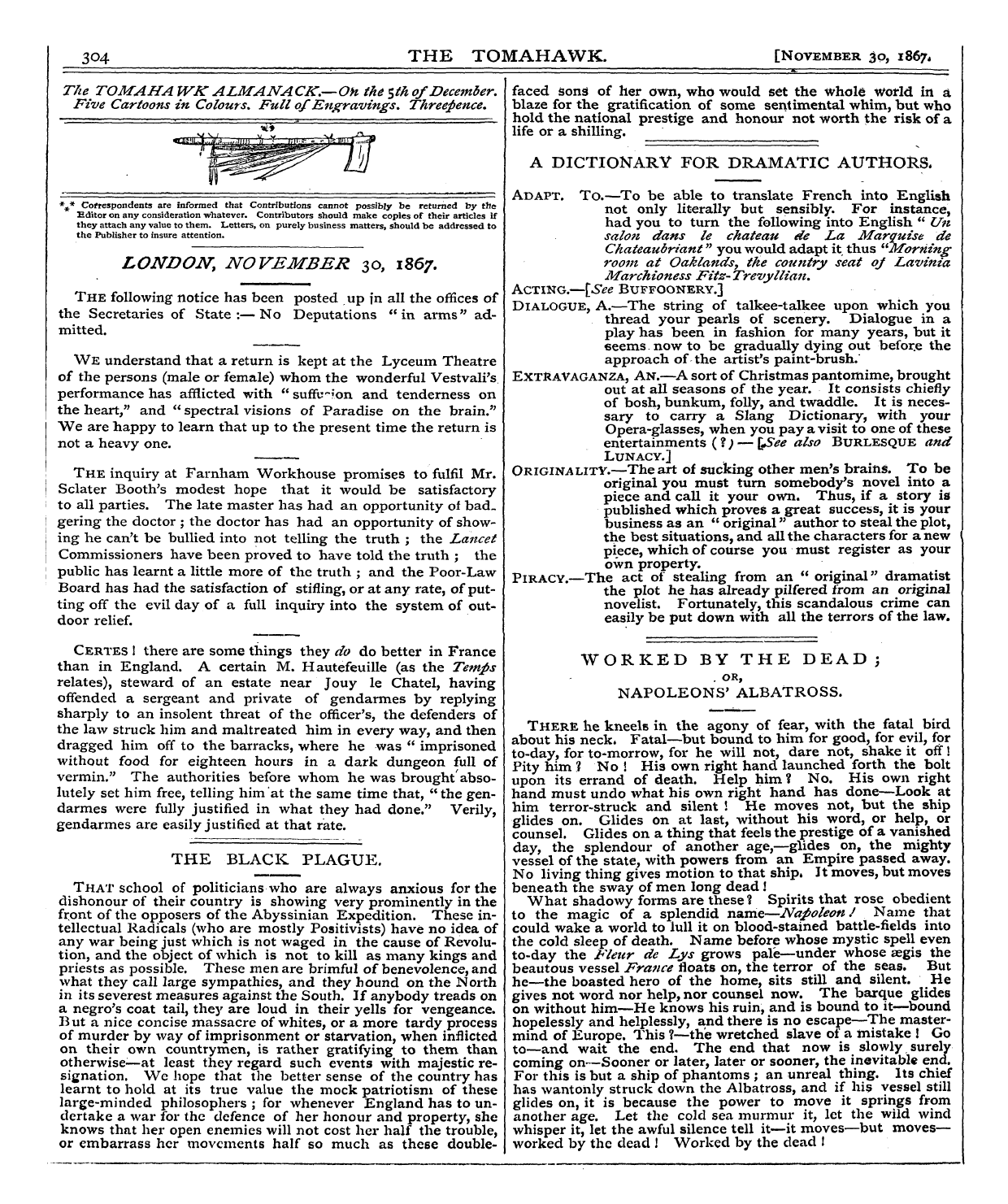 Tomahawk (1867-1870): jS F Y, 1st edition - London, November 30, 1867.