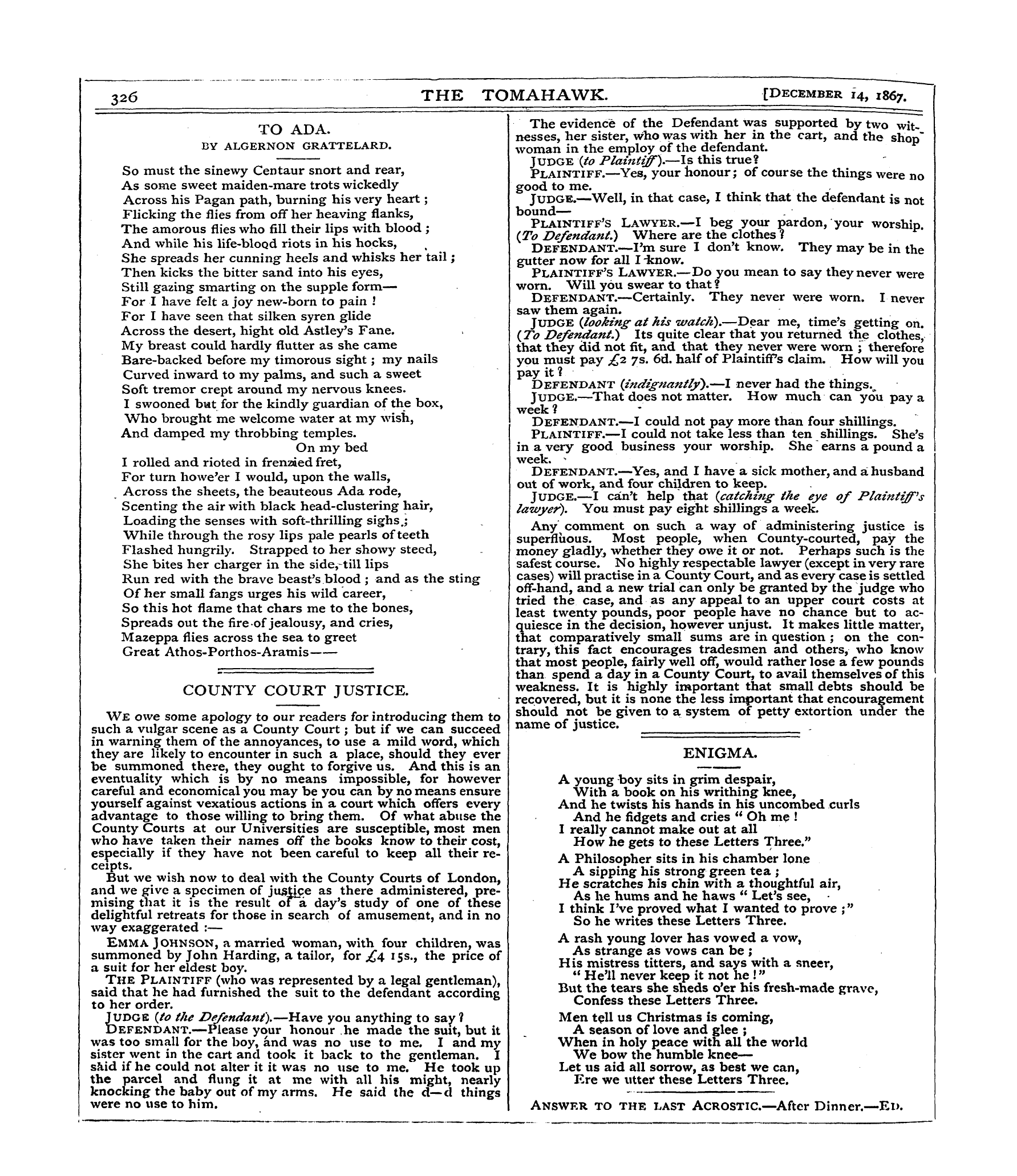 Tomahawk (1867-1870): jS F Y, 1st edition - Enigma.