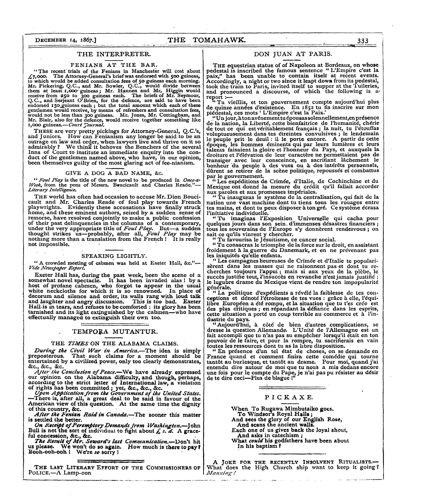 Tomahawk (1867-1870): jS F Y, 1st edition - Give A Dog A Bad Name, &C. Week ** Foul ...