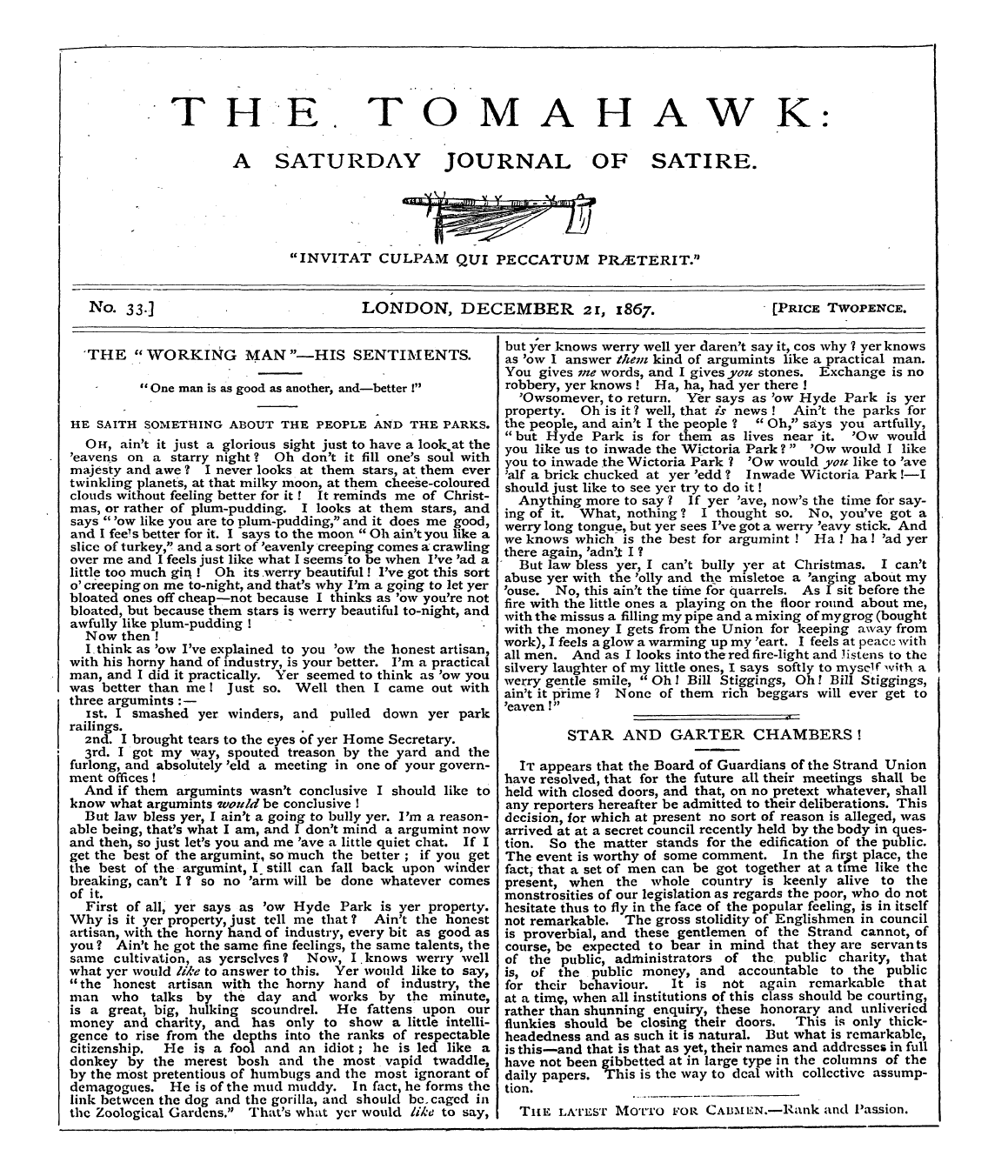 Tomahawk (1867-1870): jS F Y, 1st edition - No. 33.] London, December 21, 1867. [Pri...