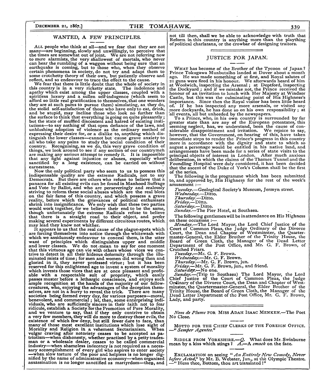 Tomahawk (1867-1870): jS F Y, 1st edition - December 21 , 1867.3 The Tomahawk. 339