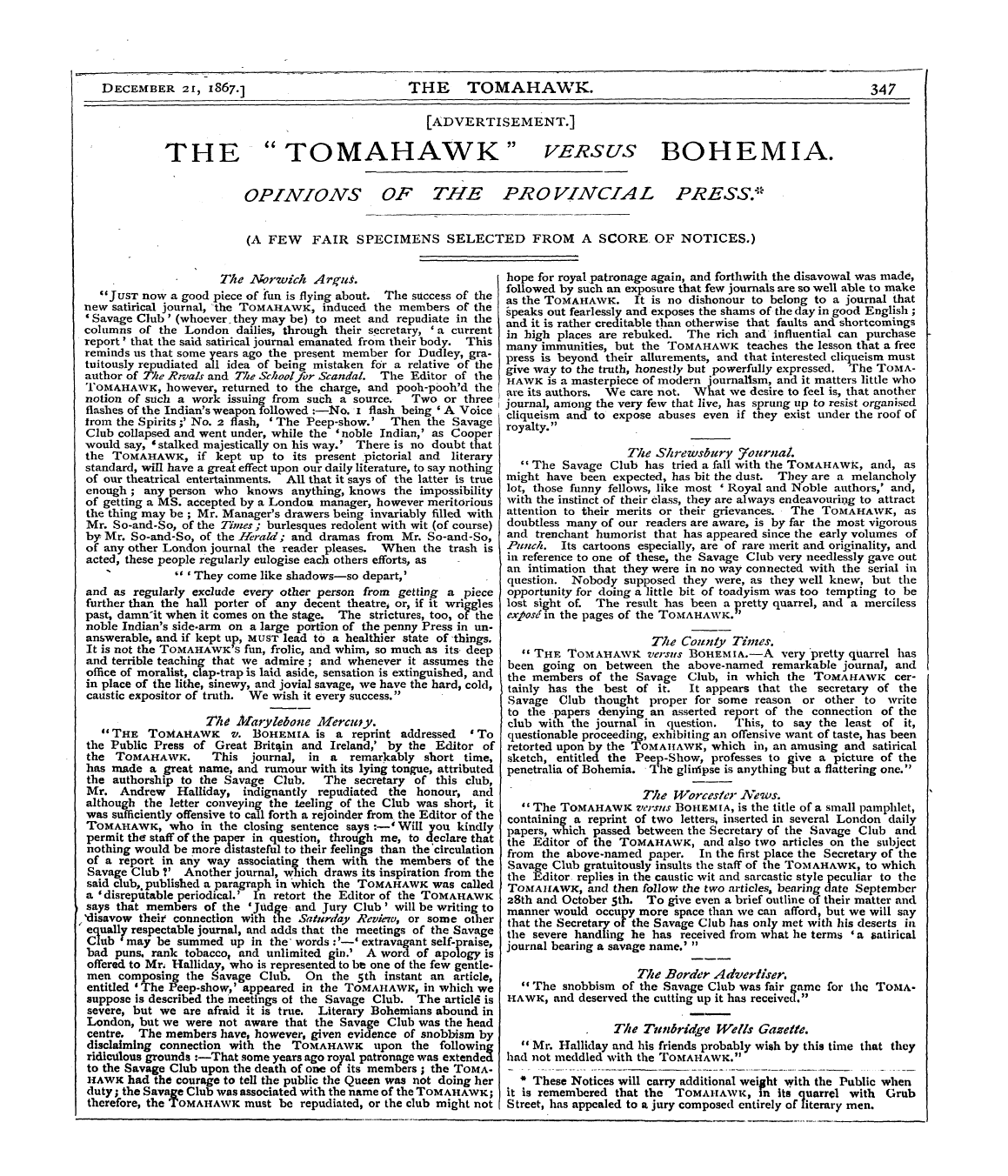 Tomahawk (1867-1870): jS F Y, 1st edition - The Norwich Argus. New "Just Satirical N...