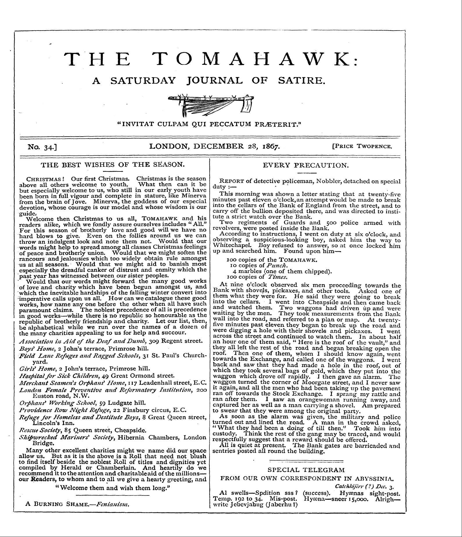 Tomahawk (1867-1870): jS F Y, 1st edition - Every Precaution.