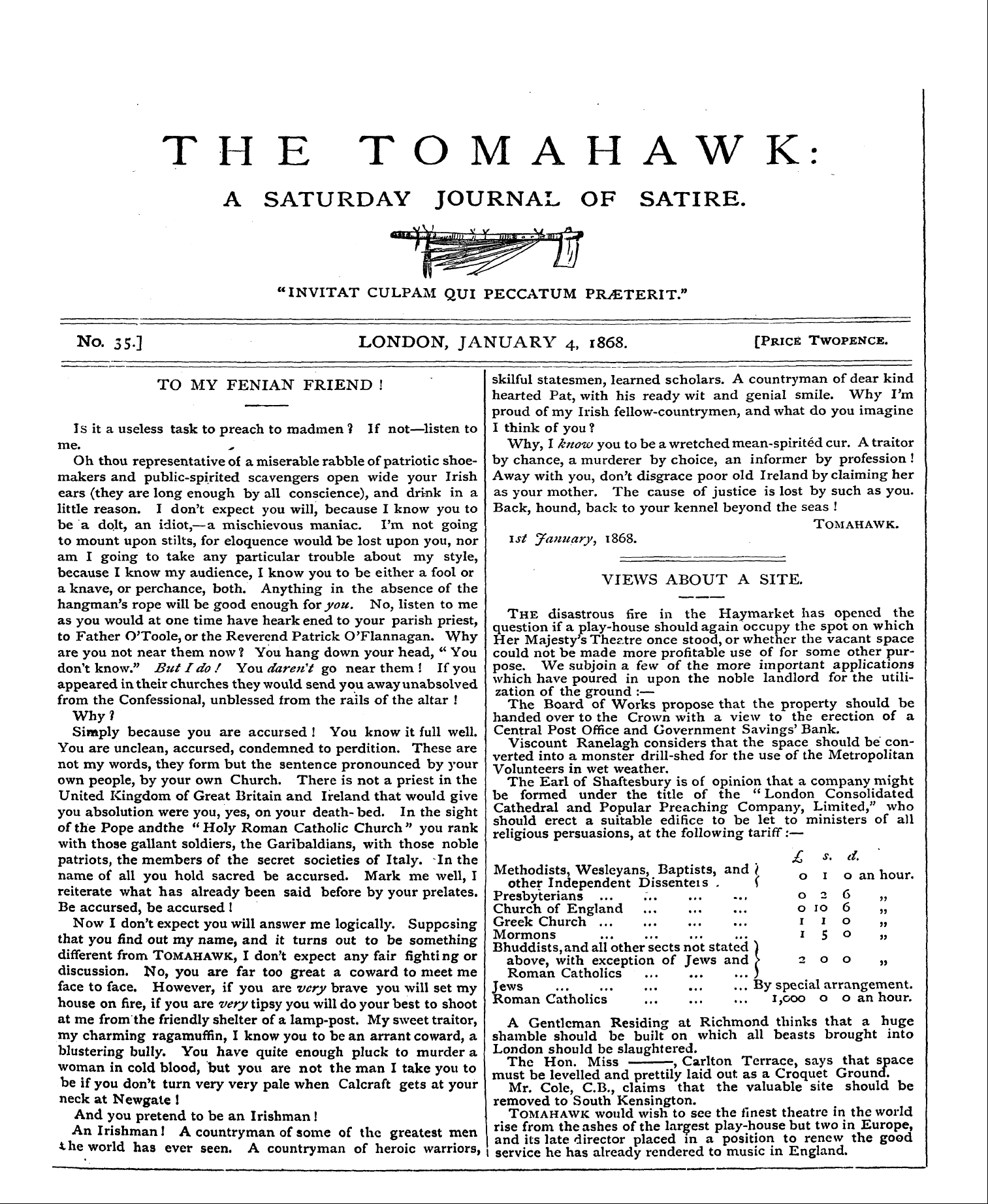 Tomahawk (1867-1870): jS F Y, 1st edition - To My Fenia1st Friend !