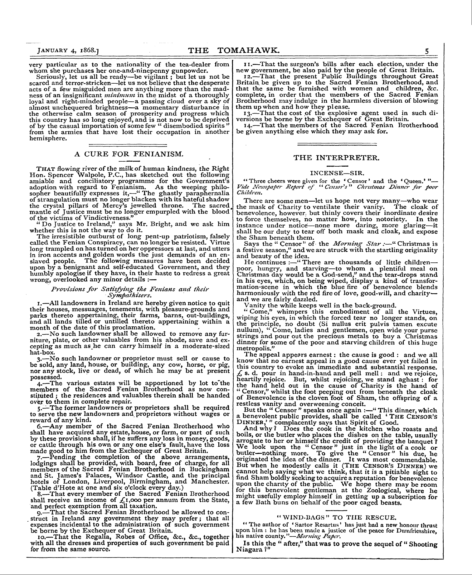 Tomahawk (1867-1870): jS F Y, 1st edition - January 4, 1868.3 The Tomahawk. 5 _