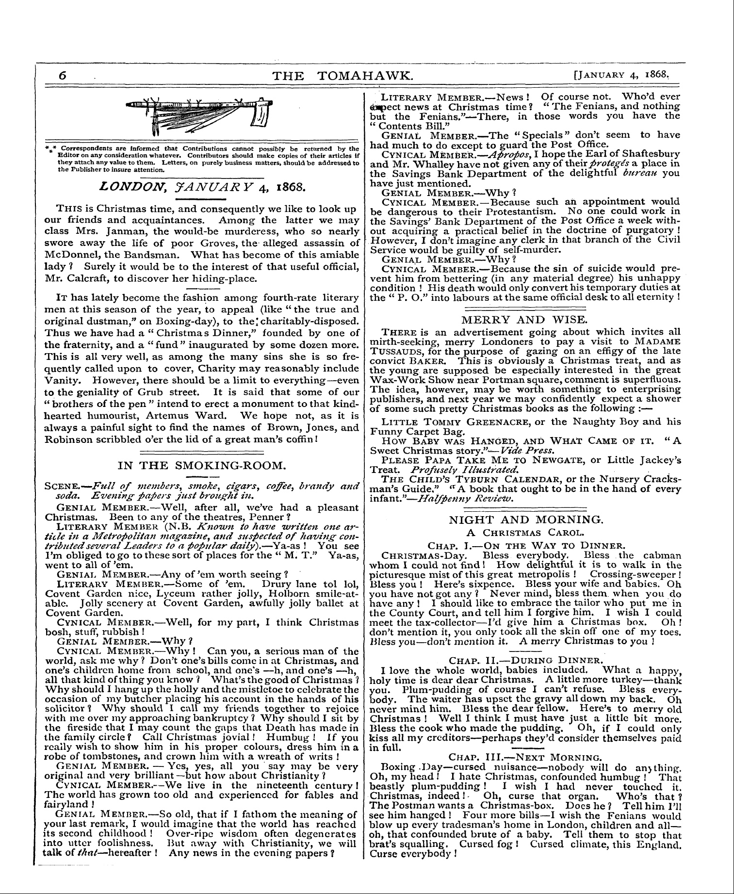 Tomahawk (1867-1870): jS F Y, 1st edition - * ^ * Edito Correspondents R On Any Cons...