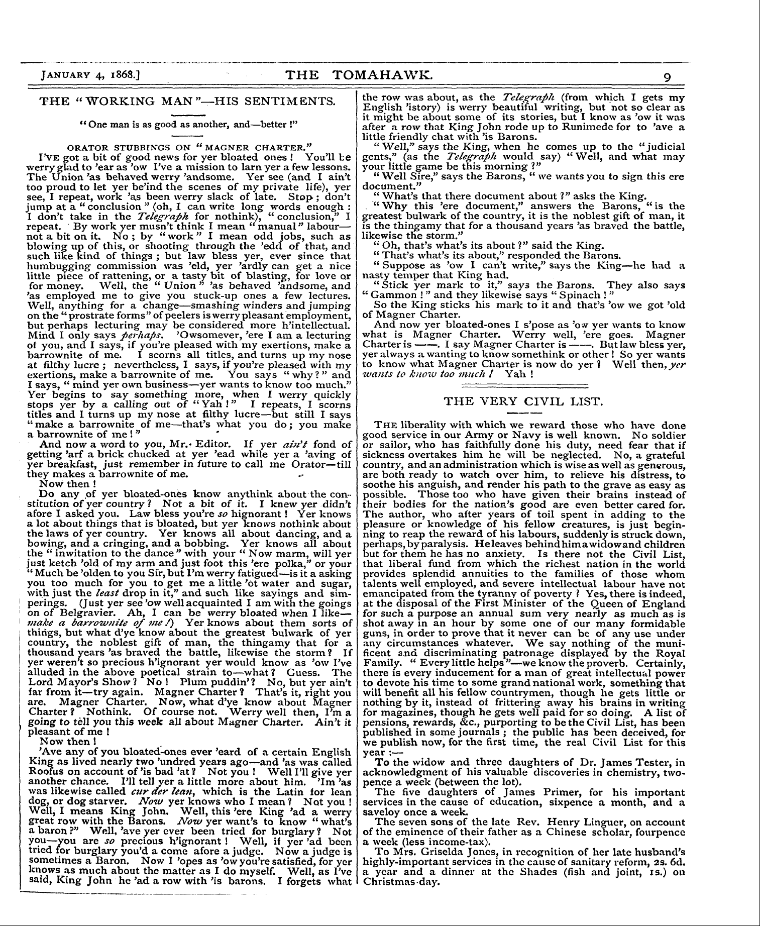 Tomahawk (1867-1870): jS F Y, 1st edition - January 4, 1868.3 The Tomahawk. G _