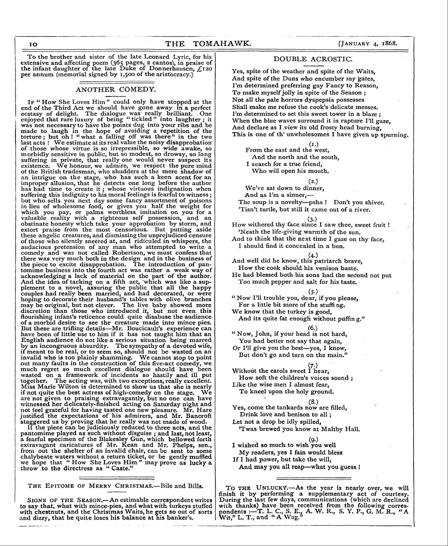 Tomahawk (1867-1870): jS F Y, 1st edition - Io The Tomahawk. F January 4, 1868.