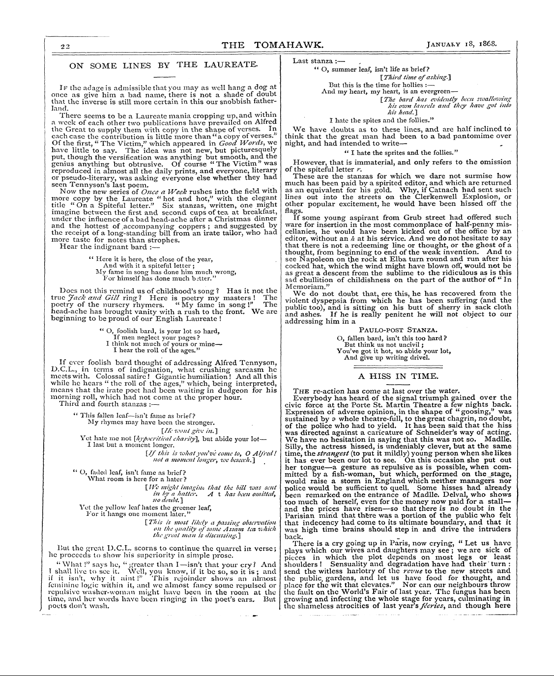 Tomahawk (1867-1870): jS F Y, 1st edition - 2 2 The Tomahawk. Januaky Is, 1868.