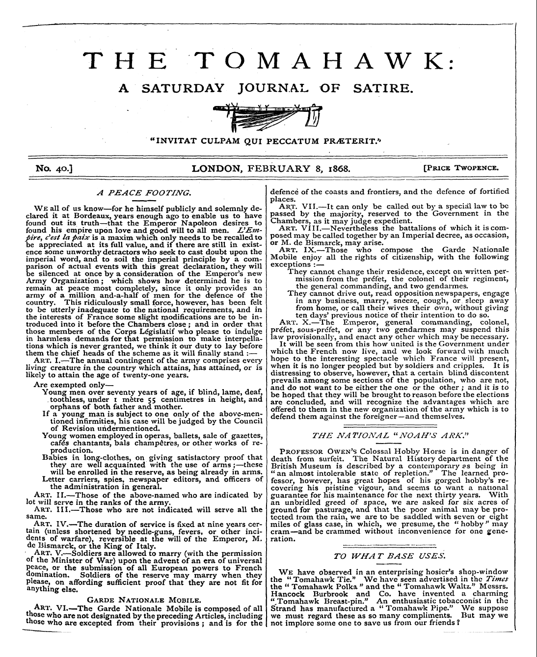 Tomahawk (1867-1870): jS F Y, 1st edition - No. 40.] London, February 8, 1868. [Pric...