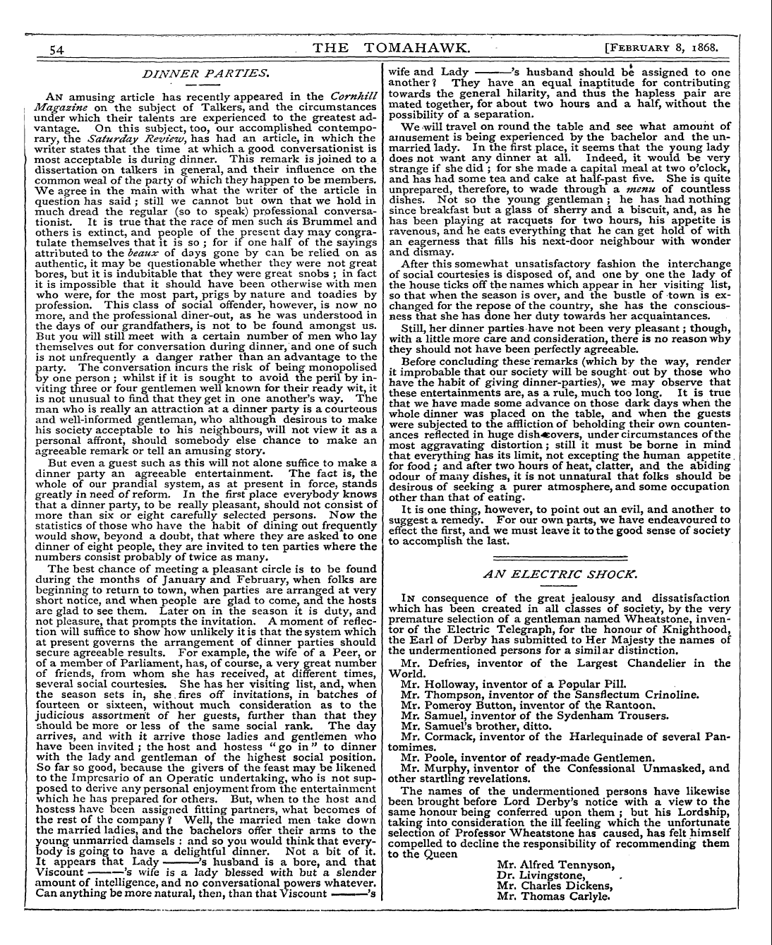 Tomahawk (1867-1870): jS F Y, 1st edition - 54 The Tomahawk. [February 8, 1868.