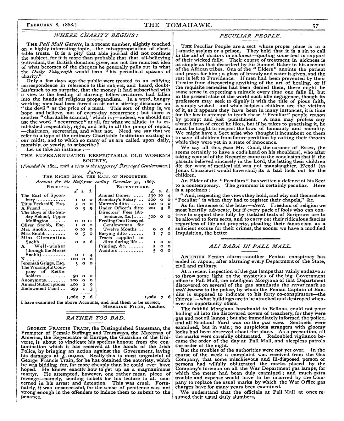 Tomahawk (1867-1870): jS F Y, 1st edition - Lunatic The Peculiar Asylum Or Peop A Pr...