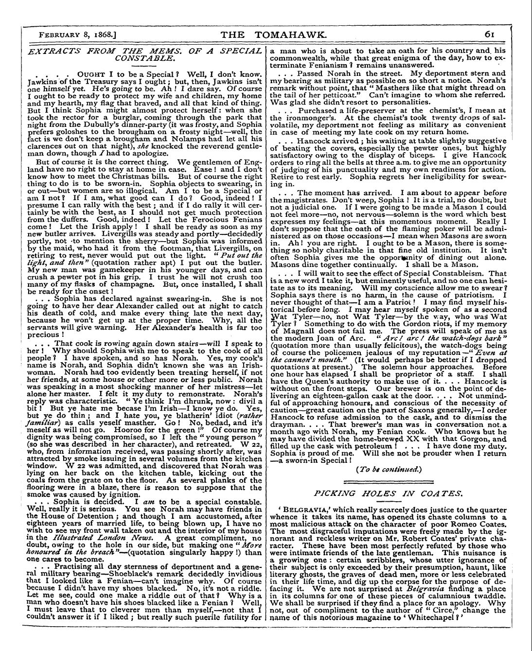 Tomahawk (1867-1870): jS F Y, 1st edition - Picking Holes In Coates.