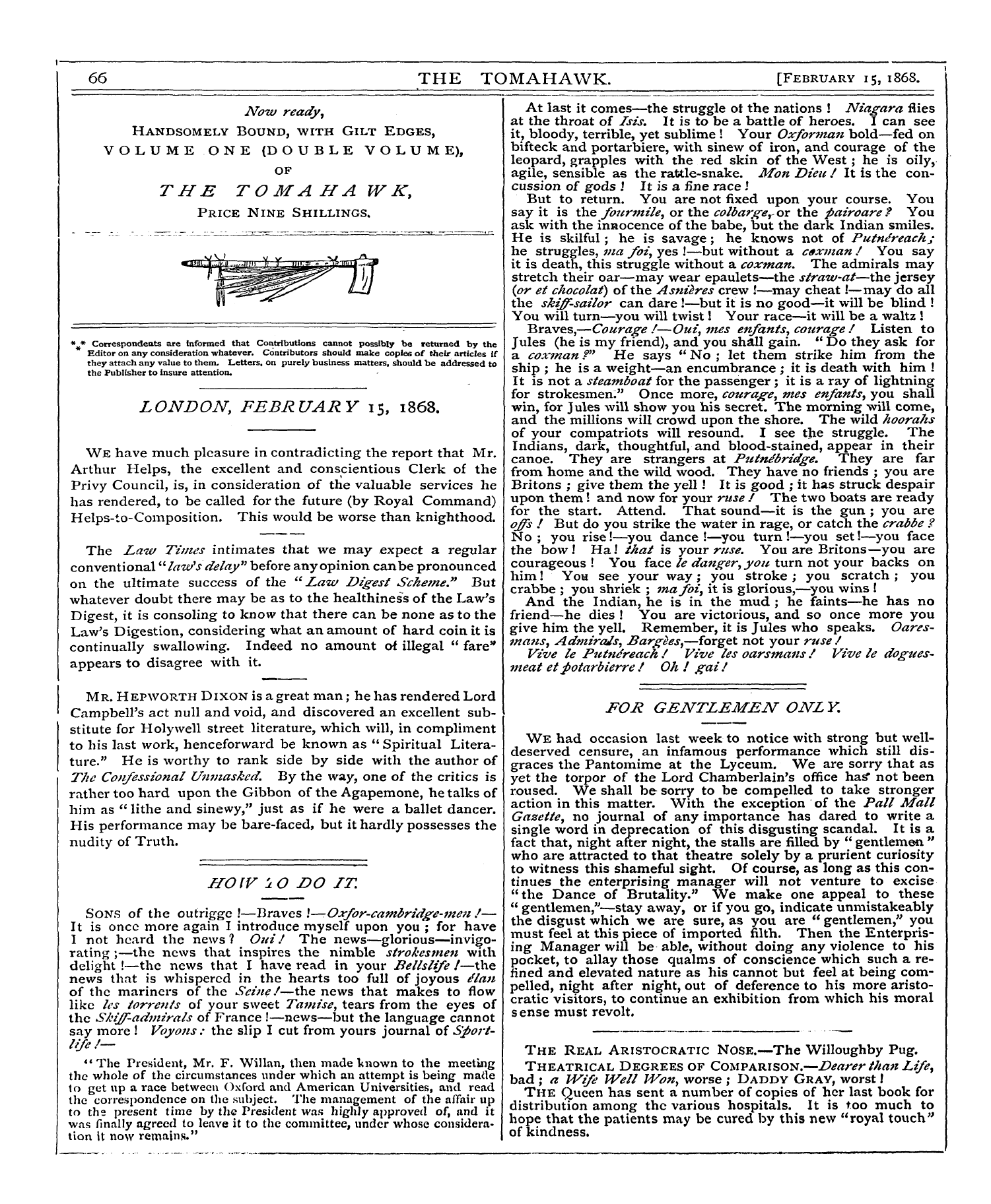 Tomahawk (1867-1870): jS F Y, 1st edition - London, February 15, 1868.