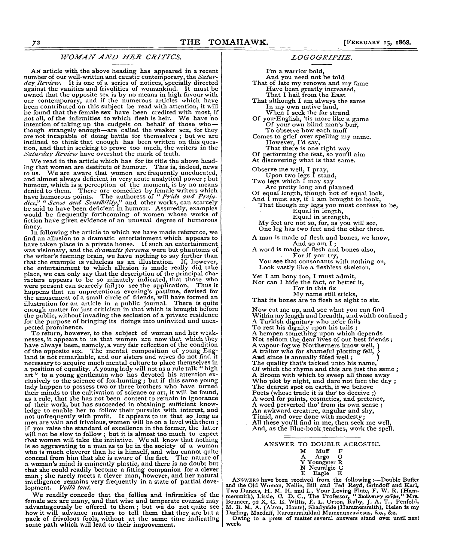 Tomahawk (1867-1870): jS F Y, 1st edition - Logogriphe.
