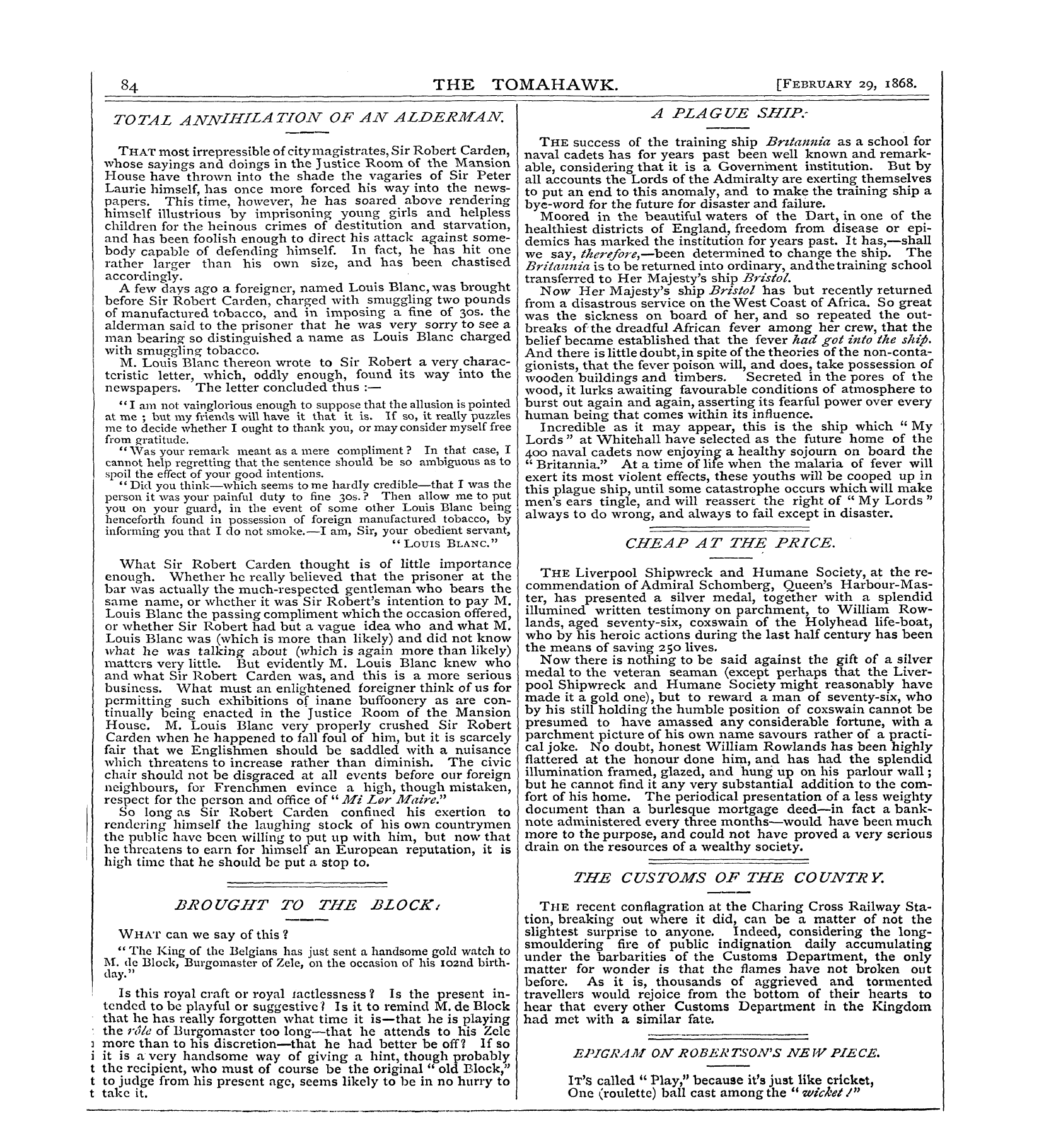 Tomahawk (1867-1870): jS F Y, 1st edition - Epigram Ow Robertson's New Piece.