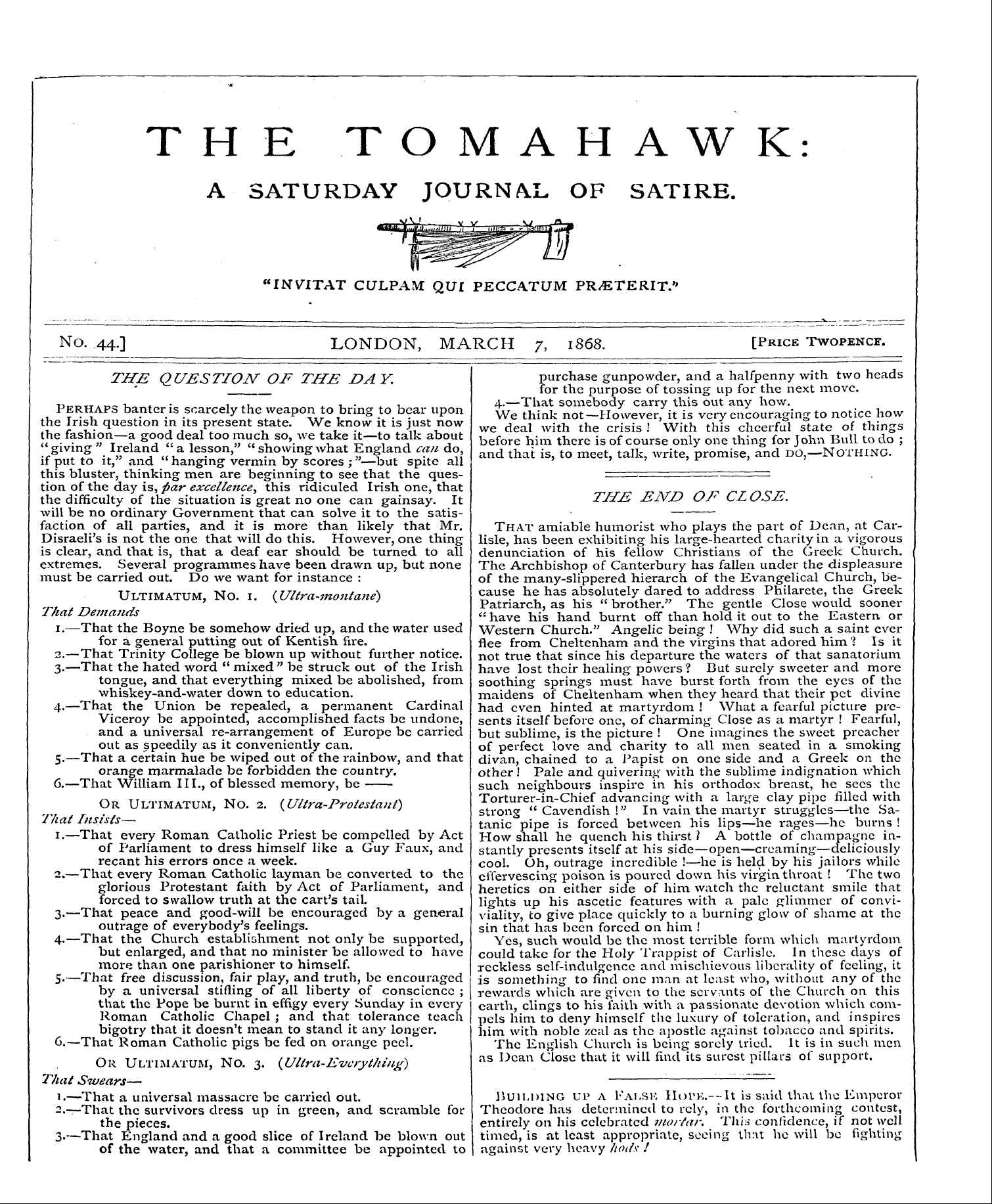 Tomahawk (1867-1870): jS F Y, 1st edition - The Enjd Of Close.