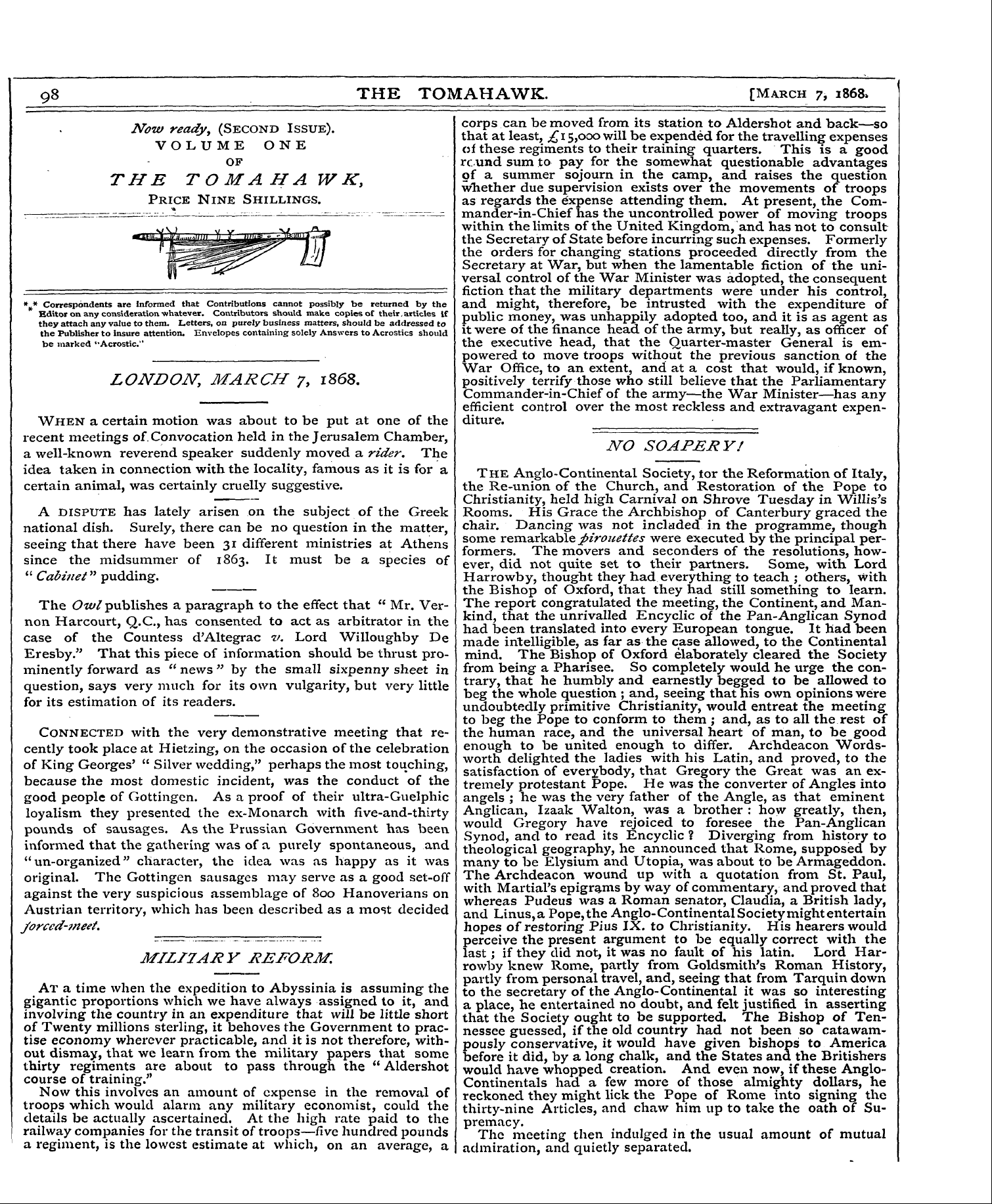Tomahawk (1867-1870): jS F Y, 1st edition - Pc00813