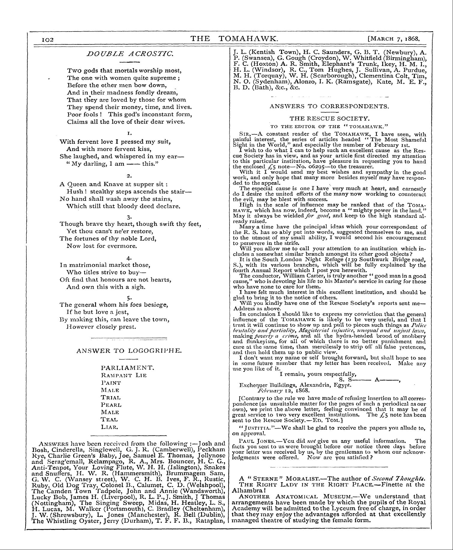 Tomahawk (1867-1870): jS F Y, 1st edition - Double Acrostic,