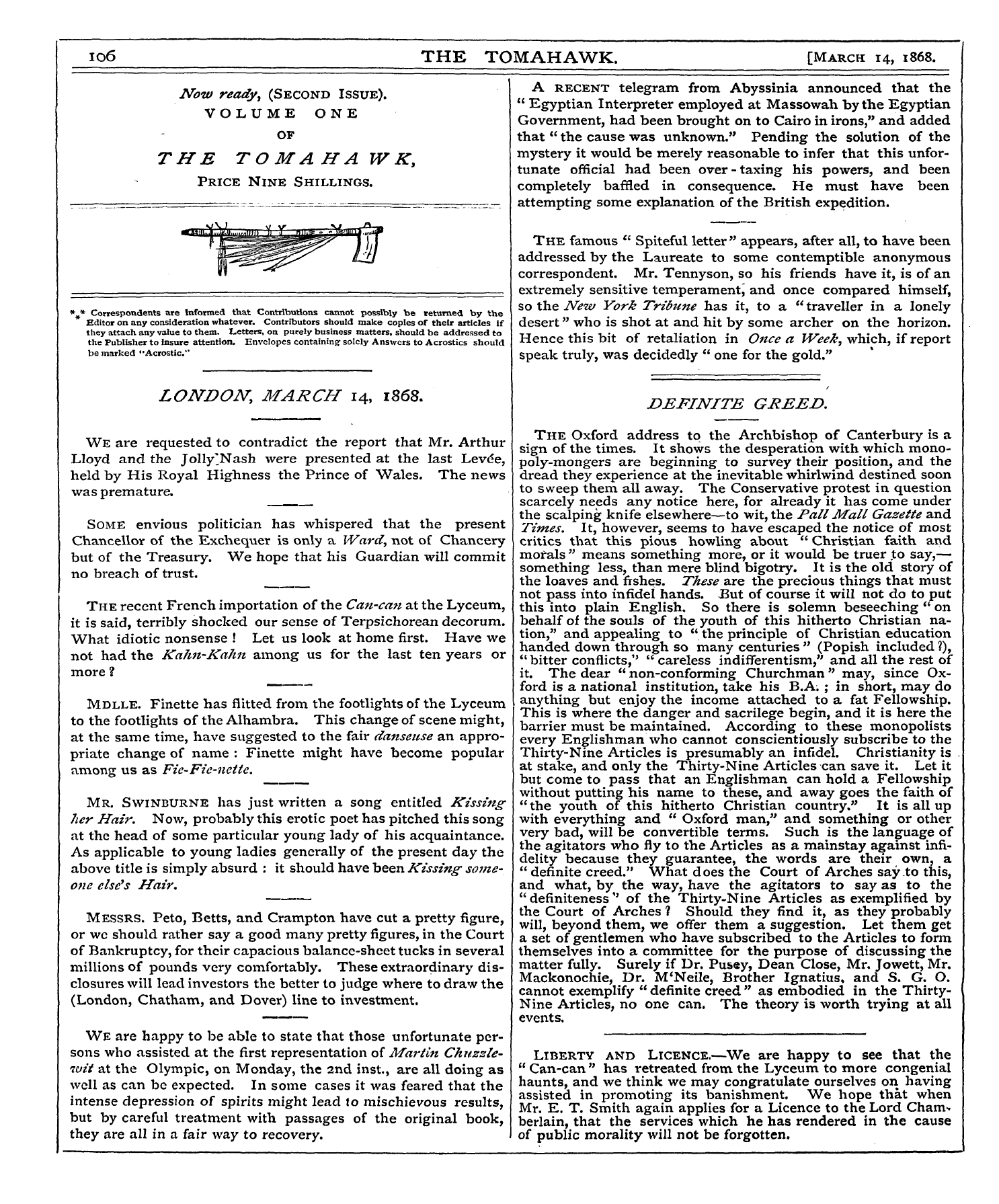 Tomahawk (1867-1870): jS F Y, 1st edition - Pc00416