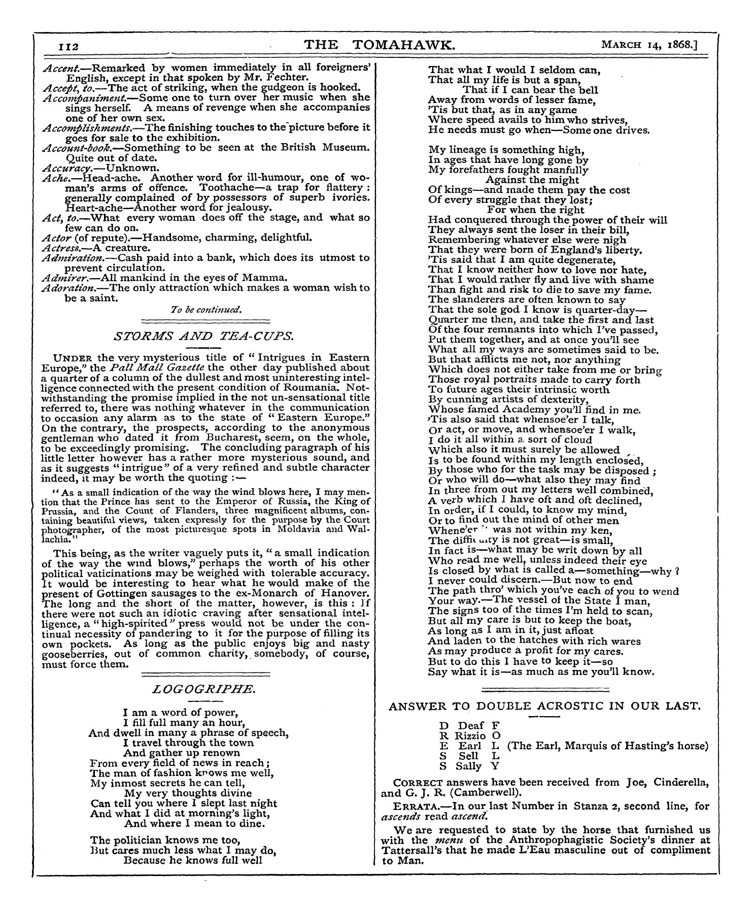 Tomahawk (1867-1870): jS F Y, 1st edition - Stojzms Anjd Tea-Cups.