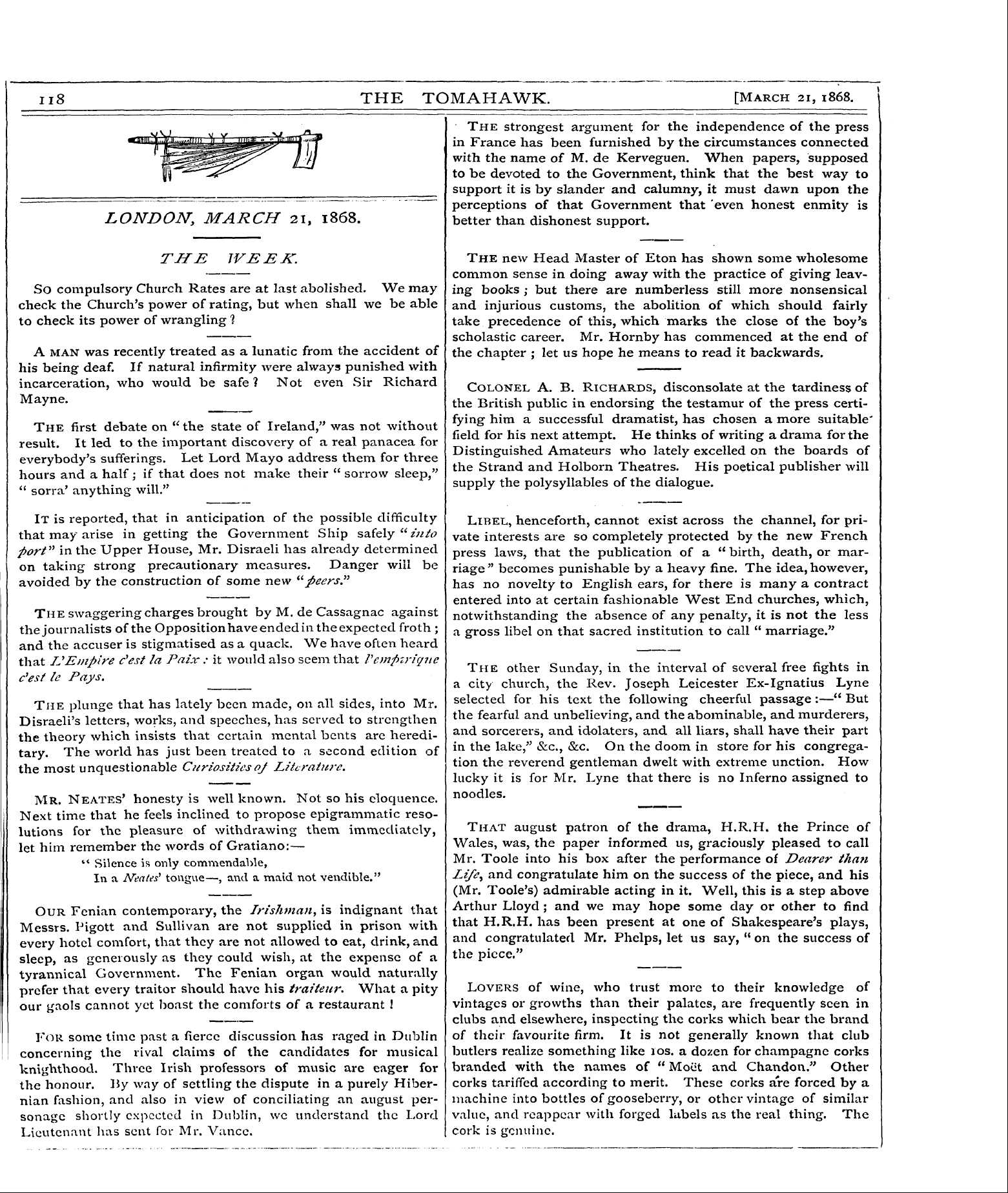 Tomahawk (1867-1870): jS F Y, 1st edition - Pc00619