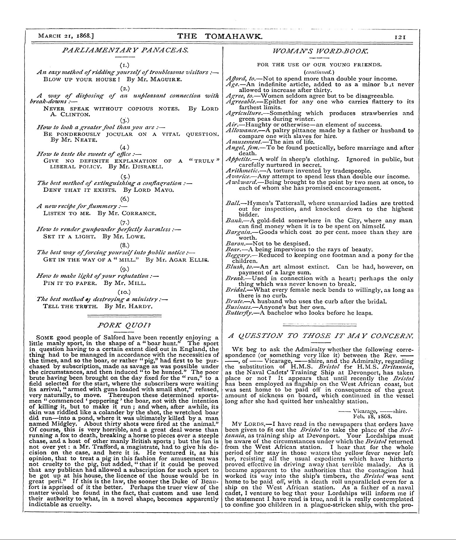 Tomahawk (1867-1870): jS F Y, 1st edition - A Question To Those It May Concern.