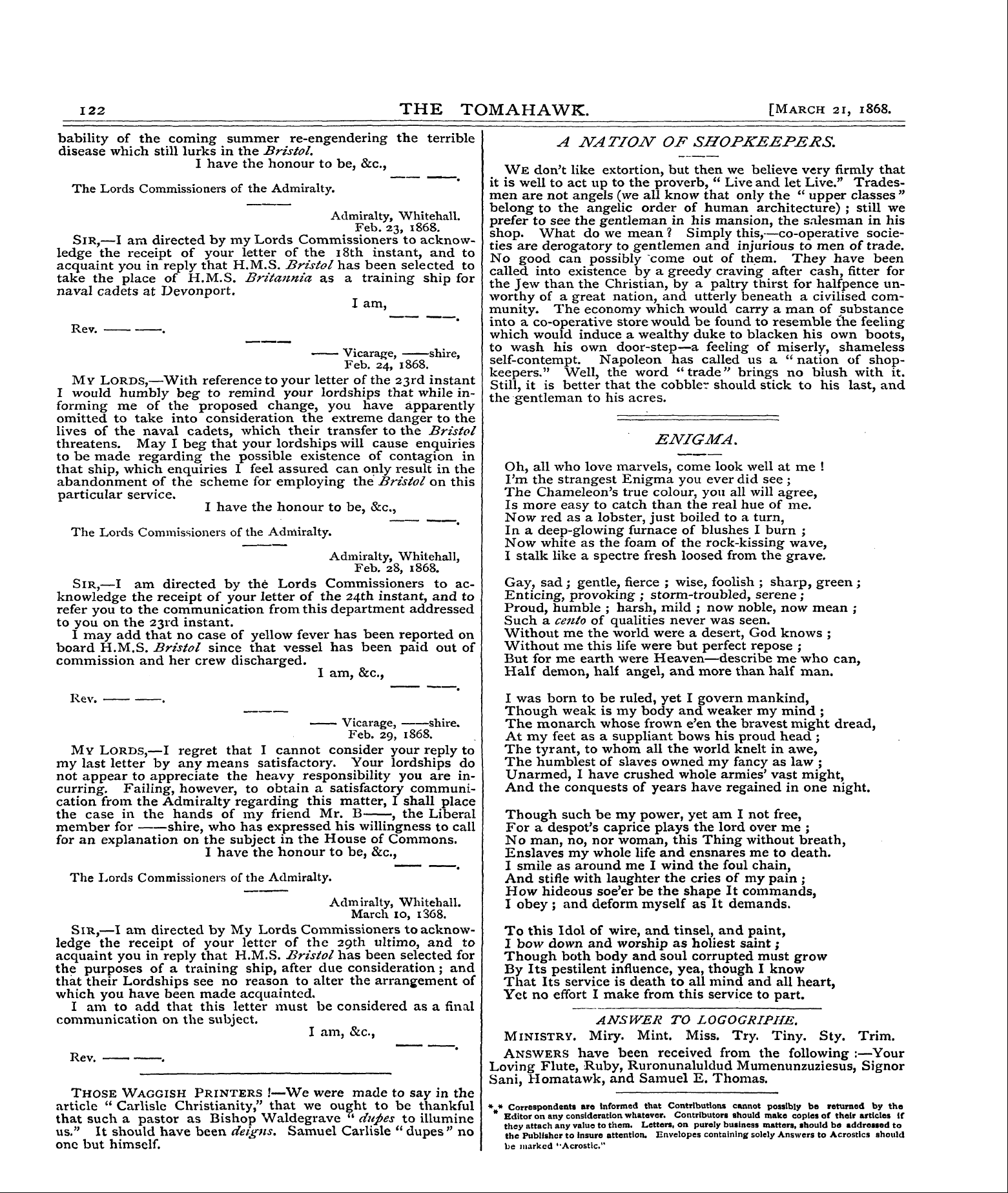 Tomahawk (1867-1870): jS F Y, 1st edition: 10