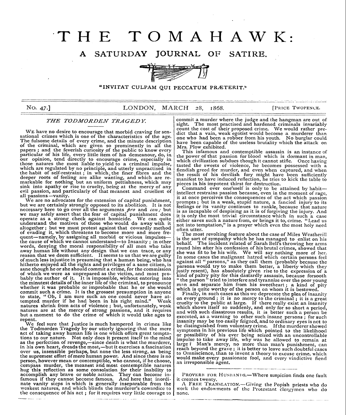 Tomahawk (1867-1870): jS F Y, 1st edition - No. 47.] London, Marcpi 28, 1868. [Price...