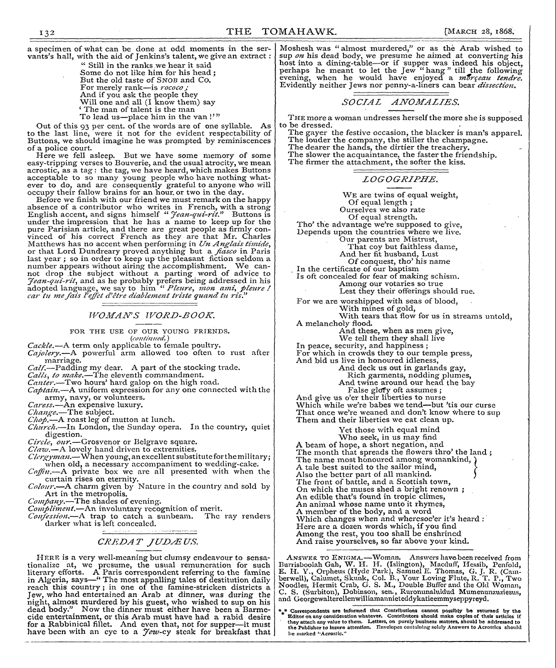 Tomahawk (1867-1870): jS F Y, 1st edition - 132 The Tomahawk. [March 28, 186$.