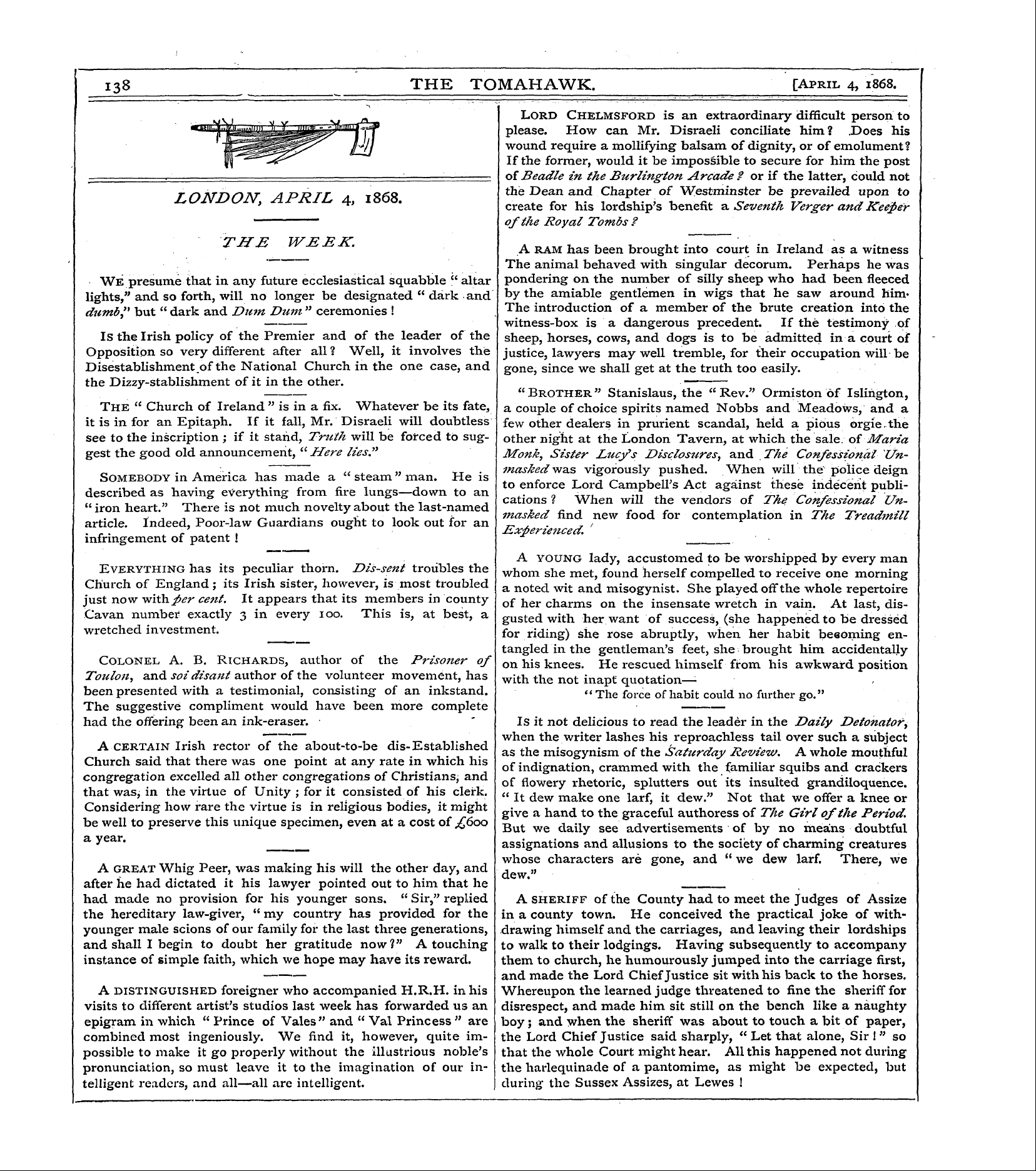 Tomahawk (1867-1870): jS F Y, 1st edition - Somebody In America Has Made A " Steam "...